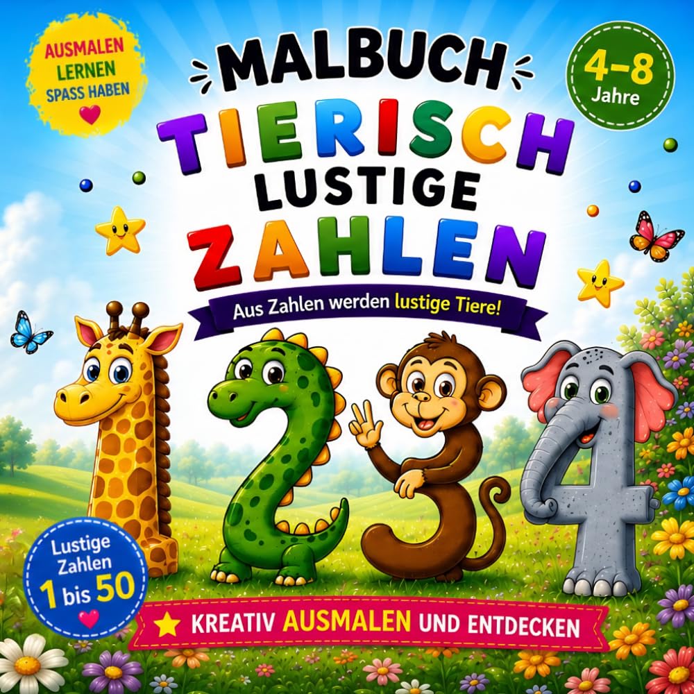Malbuch für Kinder ab 4 Jahren – Tierisch lustige Zahlen: Aus Zahlen werden lustige Tiere zum Ausmalen – Spielerisch Zahlen lernen für Vorschule und ... oder Schulstart für Mädchen und Jungen