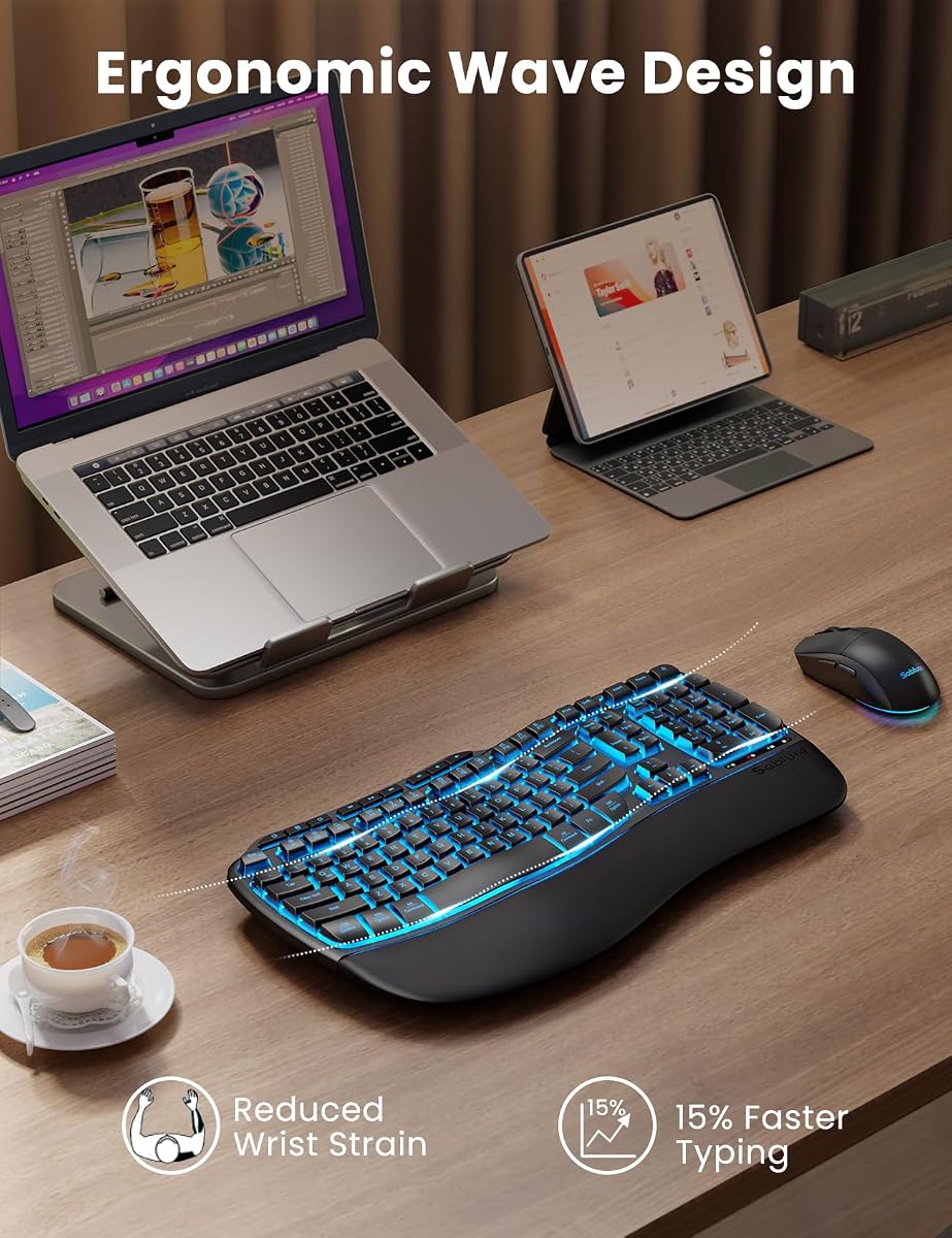 SABLUTE Ergonomic Wireless Keyboard and Mouse Combo, Rechargeable 4000mAh Backlit Keyboard with Soft Faux Lambskin Palm Rest, Wave Keys for Natural Typing, Compatible with Windows/Mac/Chrome OS Black image 1