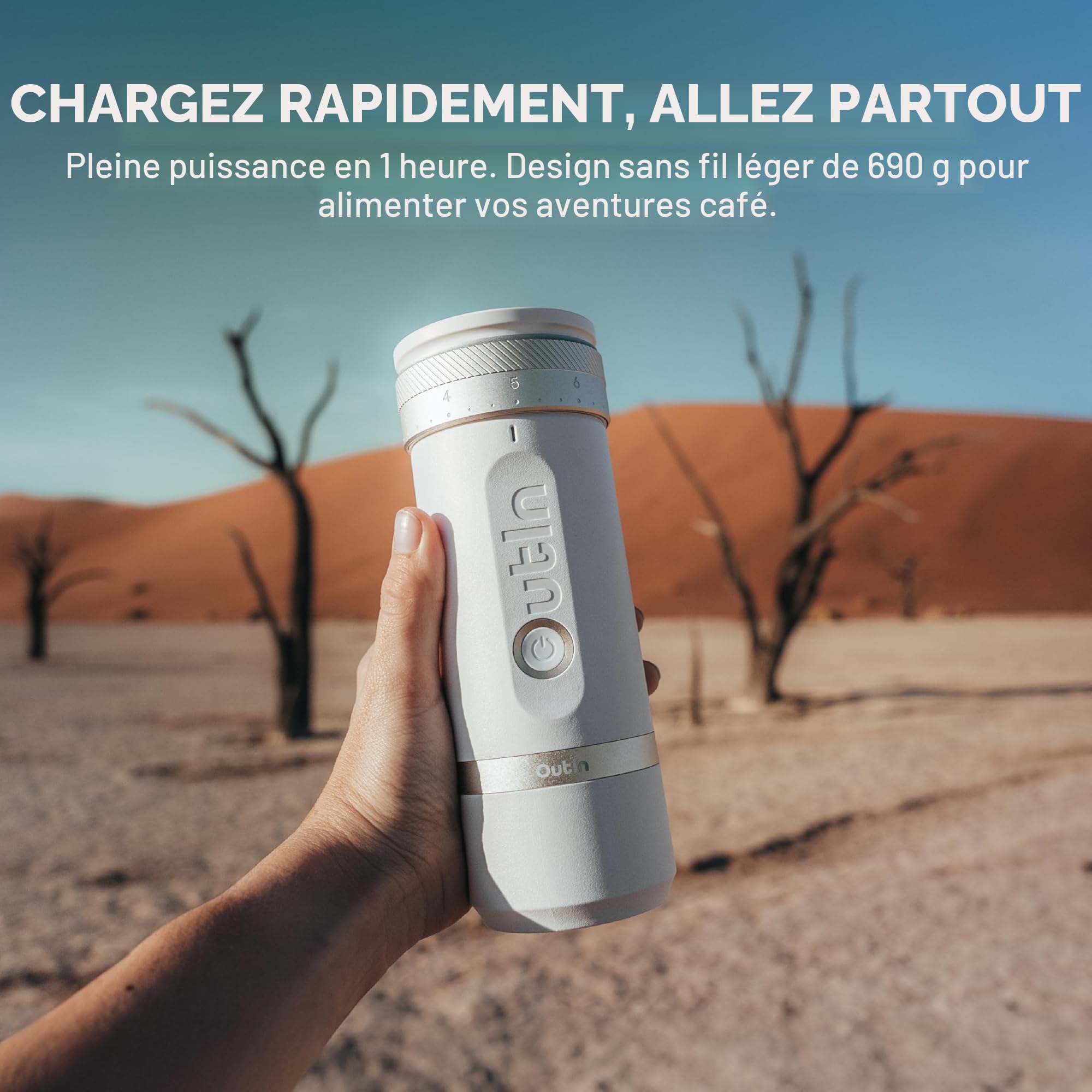 OutIn Fino Moulin à café électrique portable Moulin à cône, 28 niveaux de mouture externes, cône en acier inoxydable à 7 étoiles & bouton de commande unique