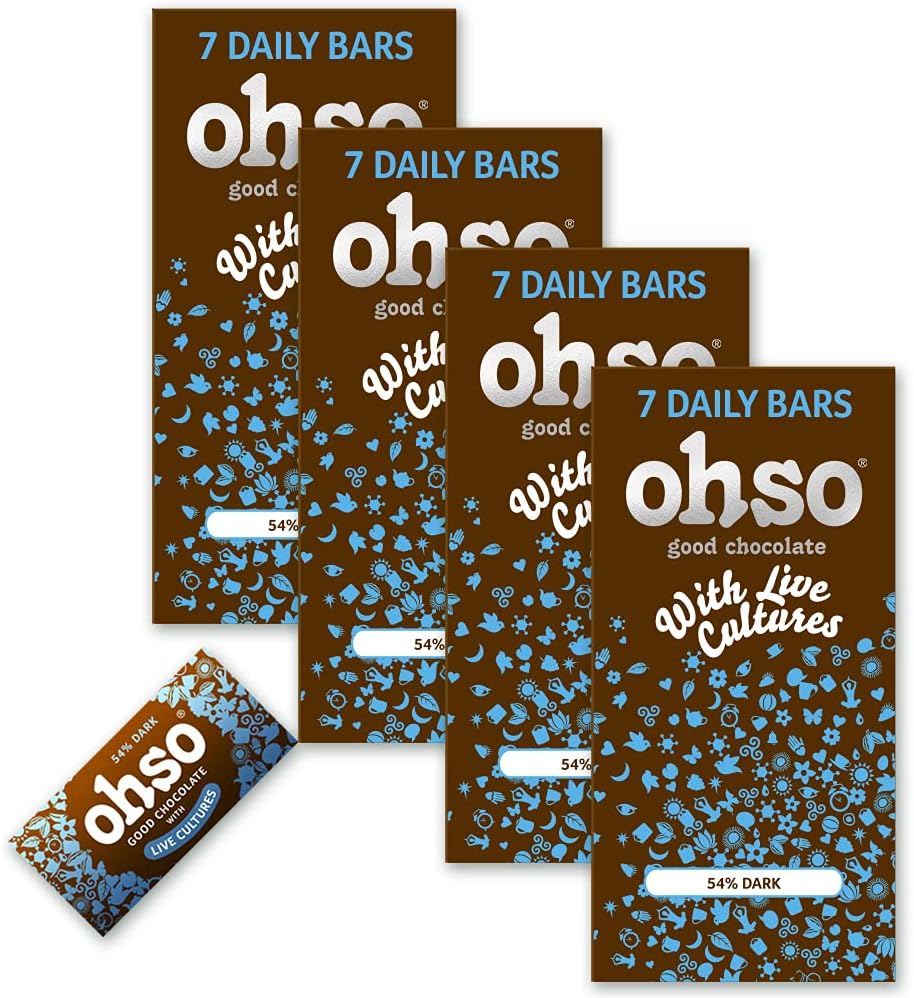 OHSO - 54% Dark Chocolate Bars - Probiotic, Gluten-Free, Healthy Chocolate - Low Calorie - No Added Sugar - Multipack 4x (7x 13.5g Bars)