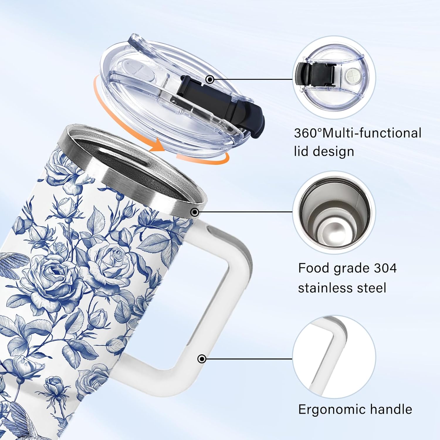 Gifts for Women - Blue Floral Tumbler 40 oz with Handle, Elegant Water Bottle - Unique Birthday, Mother's Day, Christmas Gifts for Her, Mom, Sister, Friend - Image 4