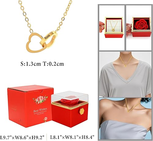 Miniatura 3 de TINGKU Eternal Real Rose Gift Box for Women, Preserved Rose with Customized Engraved Name Heart Necklace, Personalized Forever Flowers for Her Wife