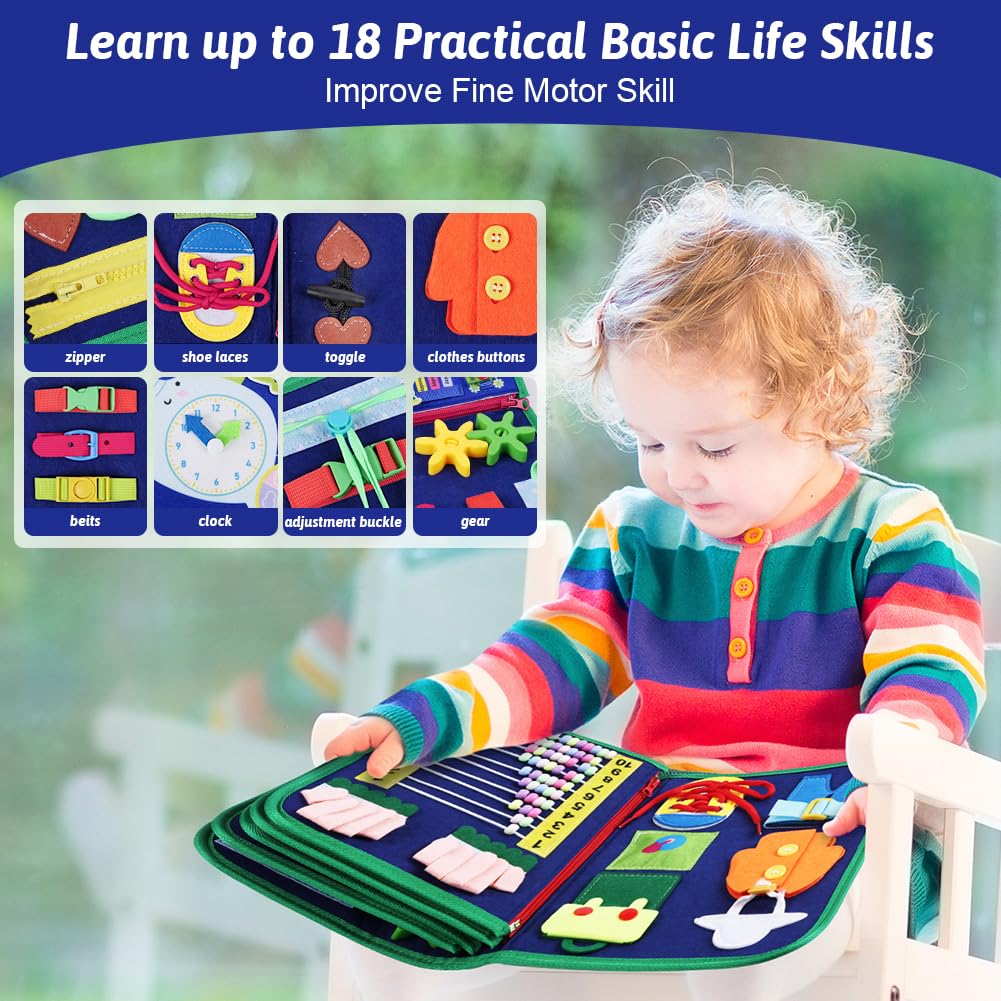 Busy Board Montessori zabawka edukacyjna dla dzieci 1, 2, 3, 4 lata, 10 w 1, zabawki edukacyjne, zabawki rozwojowe, zabawki podróżne dla dzieci, prezent dla chłopca, dziewczynki, niebieska
