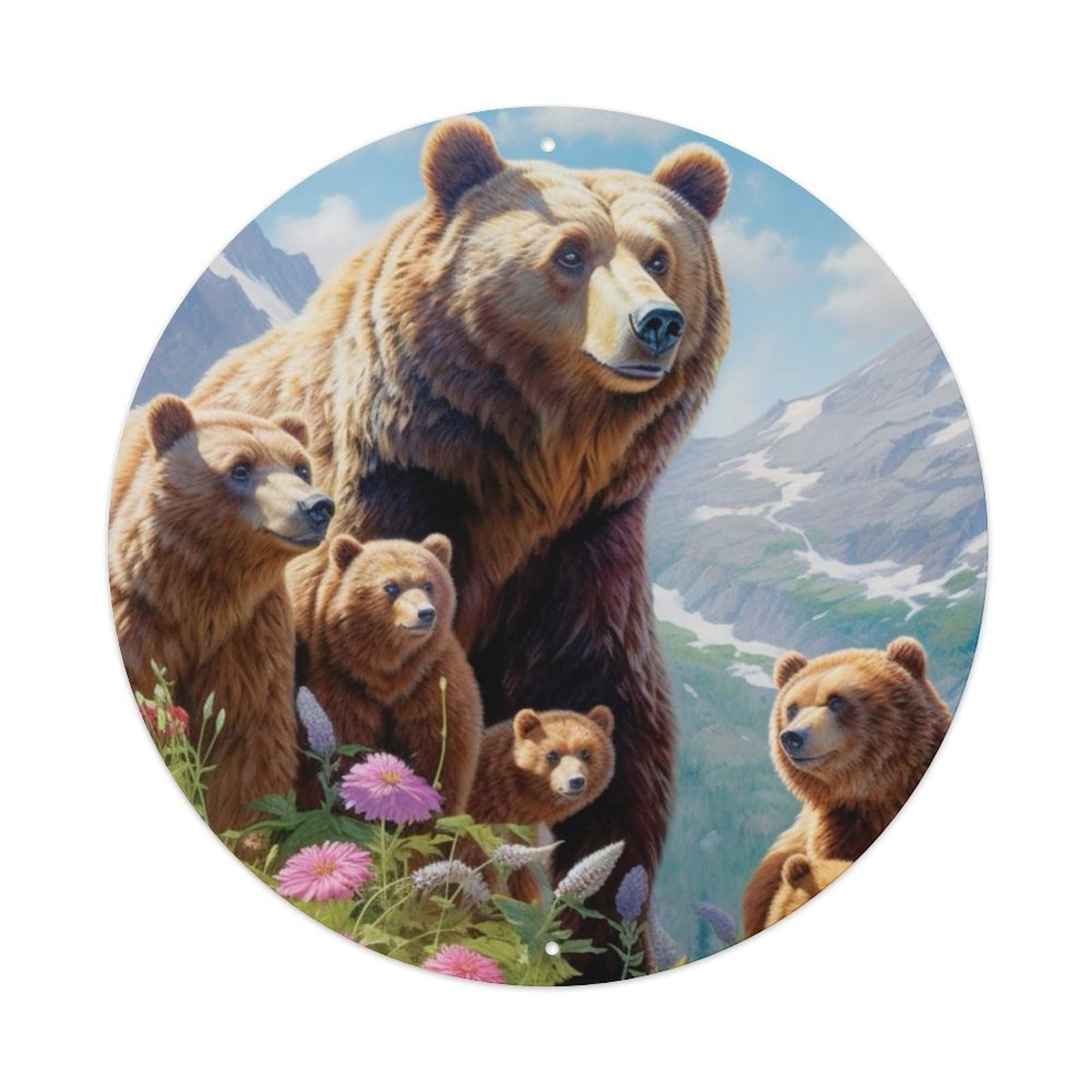 Animals Artwork Brown Bear And Cubs Vintage Metal Tin Sign Plaque Wall Decor for Cafe, Club Bar, Office, Garden Metal Poster 8x8Inch