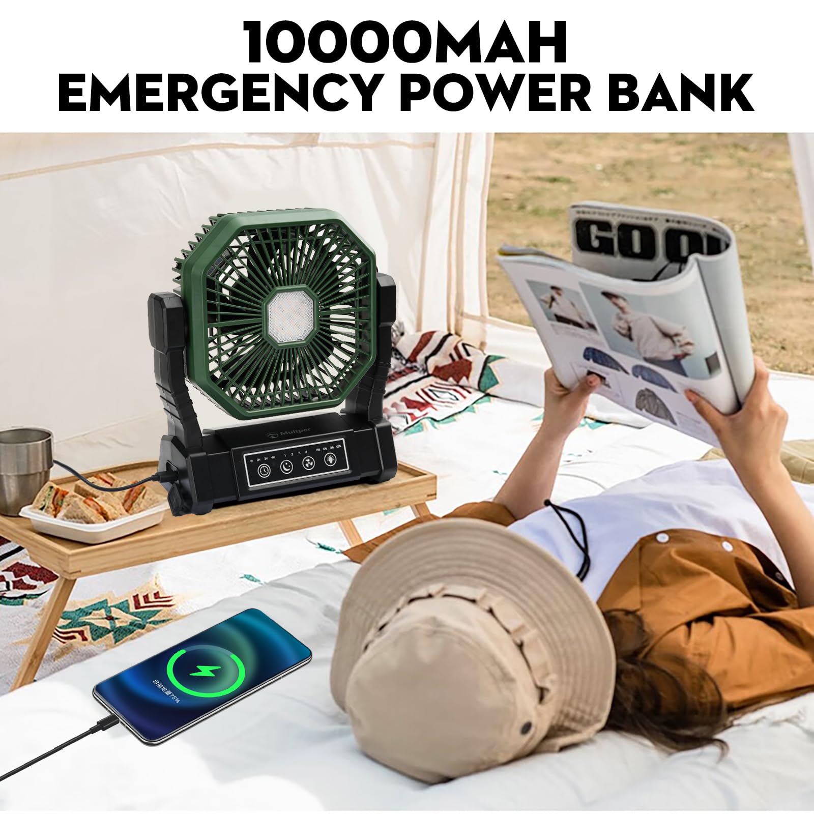 Multper Ventilateur de Camping 10000mAh Portable Rechargeable 4 Vitesses, Ventilateur USB Silencieux avec Lumière LED, Télécommande et Crochet pour Camping, Bureau et Maison