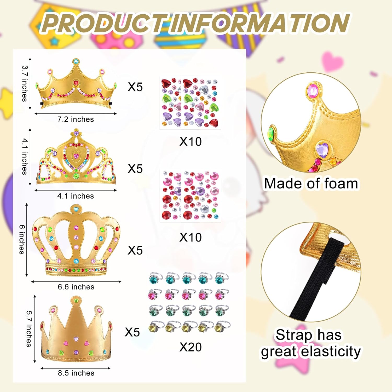 60 Pieces Gold Foam Crowns Princess Crown Craft Diy Princess Tiaras Crowns with Diamond Sticker Gem Rings Making Crown Kits for Birthday Party Favor Supplies