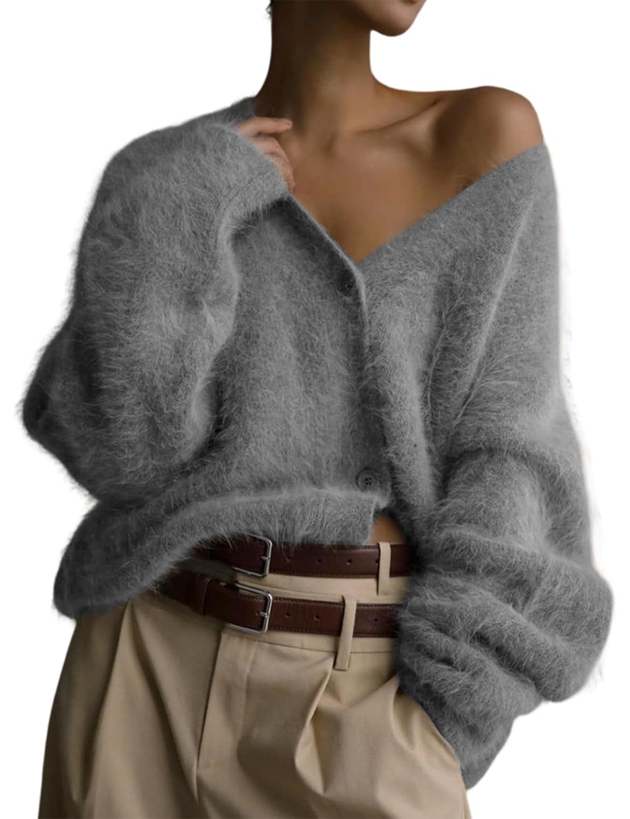 Flygo Womens Fuzzy Mohair Cardigan Sweaters V Neck Button Down Long Sleeve Fluffy Knit Open Front Slouchy Furry