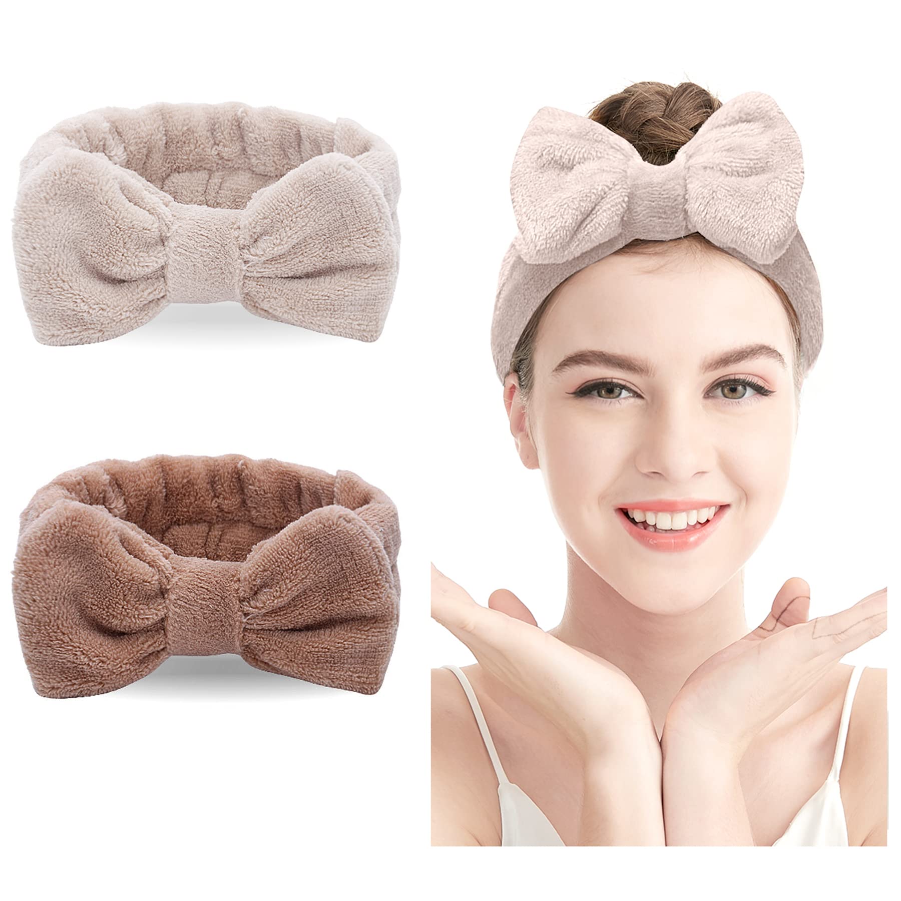 Confezione 2 Fasce Per Capelli Con Fiocco In Pile Morbido - Per Trucco, Doccia, Sport, Yoga E Cura Della Pelle - Elastico Universale Donna