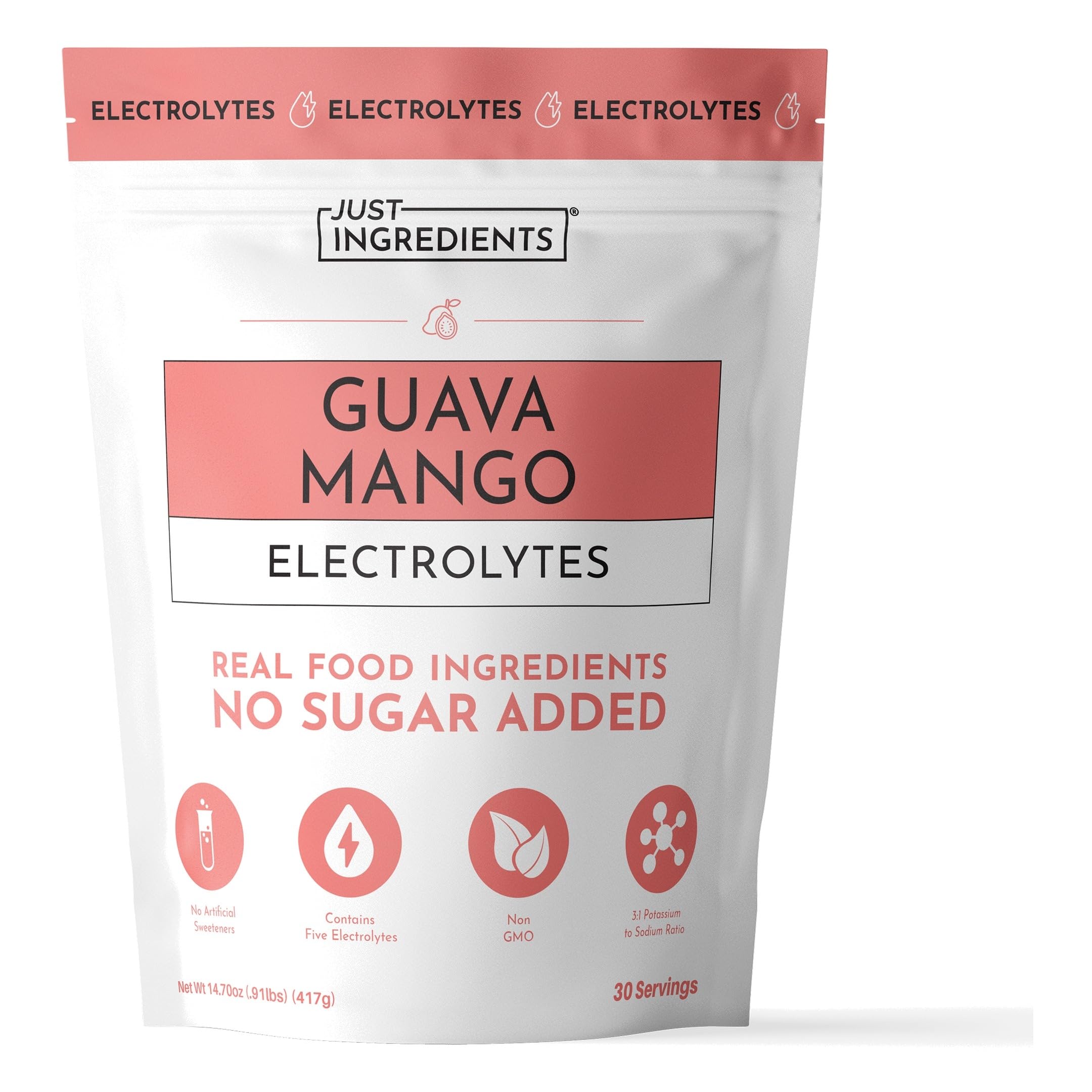 JUST INGREDIENTS Guava Mango Electrolytes - No Sugar - 30 Servings
