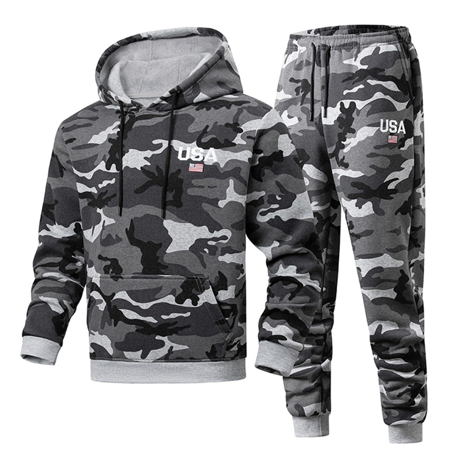 Generisch Tuta da uomo mimetica, 2 pezzi, oversize, con cappuccio e pantaloni sportivi, set da uomo, con tasche e pantaloni da jogging, tracksuit fitness per il tempo libero sport