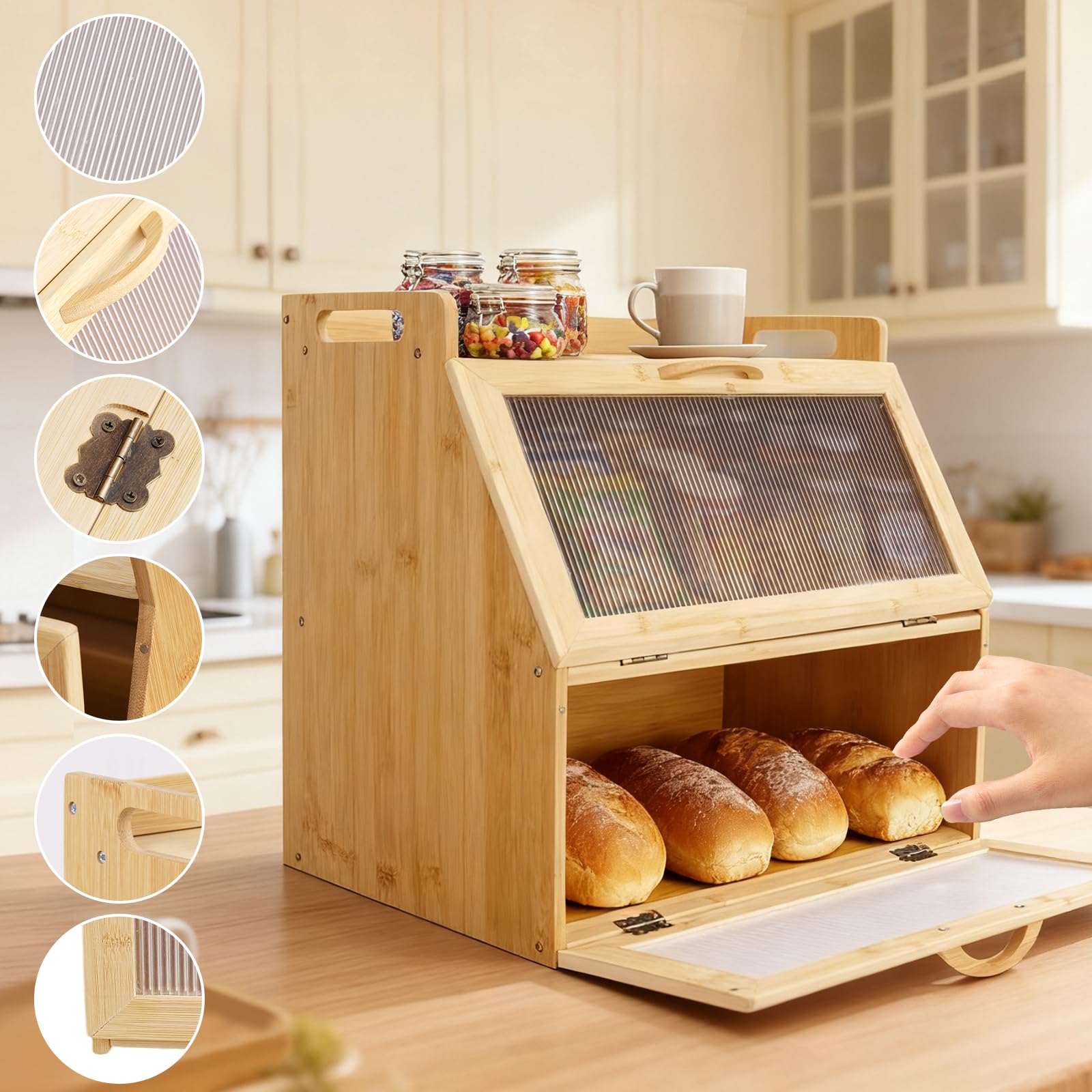 Panera de bambú, almacenamiento de pan de 2 niveles, contenedor de pan de gran capacidad para una mayor frescura, elegante panera de cocina con ventilación para pan y tostadas
