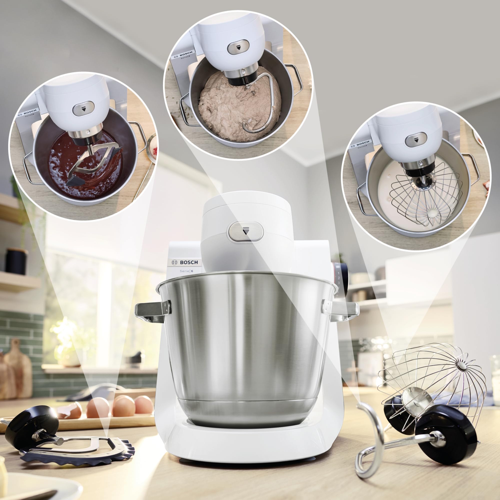 Bosch Küchenmaschine Serie 6, 7 Geschwindigkeitsstufen, 5,5l Schüssel, Durchlaufschnitzler, 3 Scheiben, Knethaken, Rührbesen, Silikonbesen, spülmaschinenfest, 1.600 W, silber/weiß, MUMS6EW13D