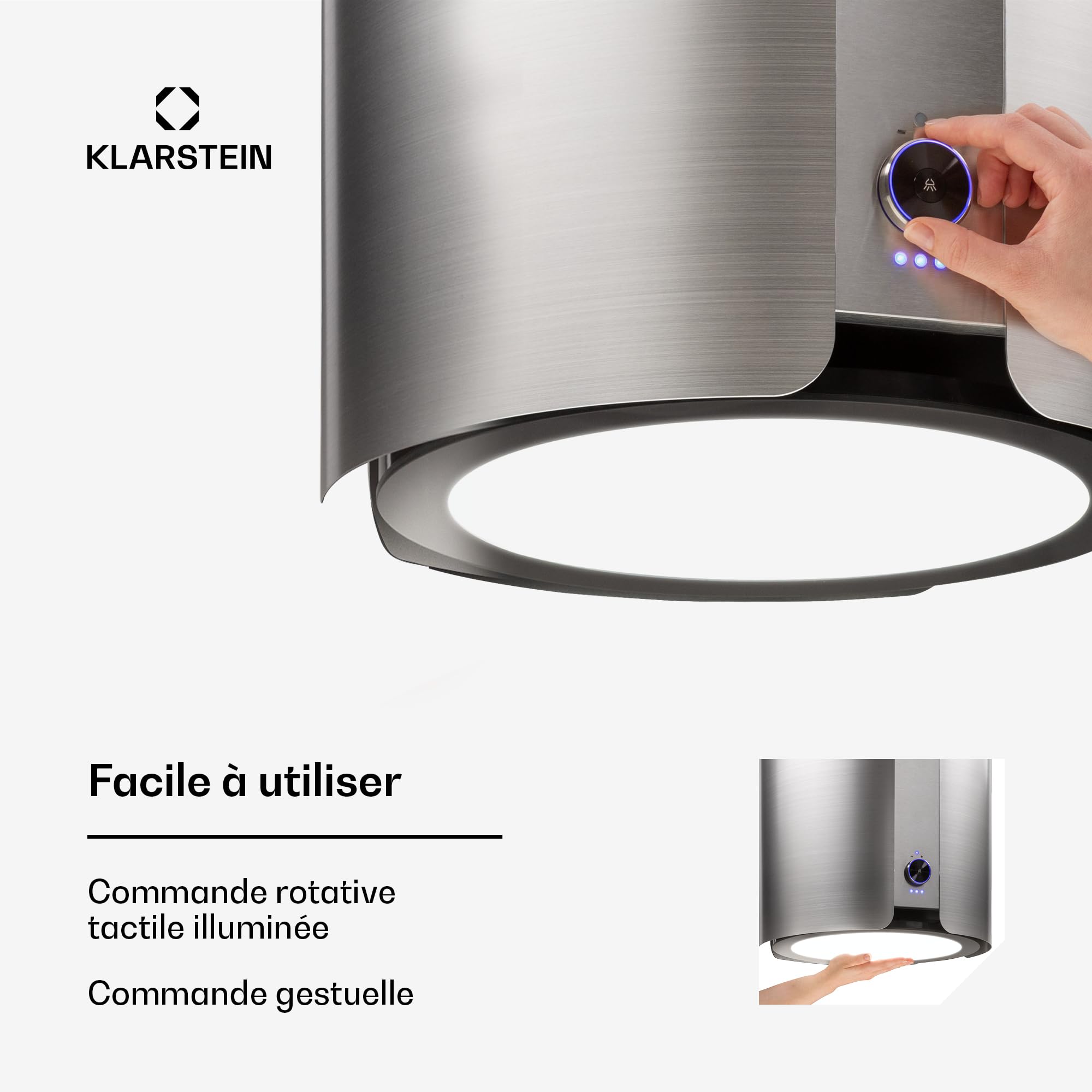 Klarstein Skyfall Smart Hotte d'aspiration - hotte aspirante suspendue, à recyclage/à évacuation, commande par app et par gestes, 45 x 42 cm (Øxl), 402 m³/h, 200 W, 3 vitesses, éclairage LED, argent