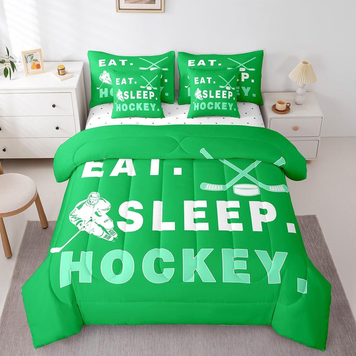jejeloiu Green Ice Hockey Comforter Set 7 Pieces Full Size Ice Sports Games Bedding Set All Season Hockey Player Puck Hockey Bed in a Bag Winter Sports Bed Set with Comforter, Sheet Set, Pillowcases