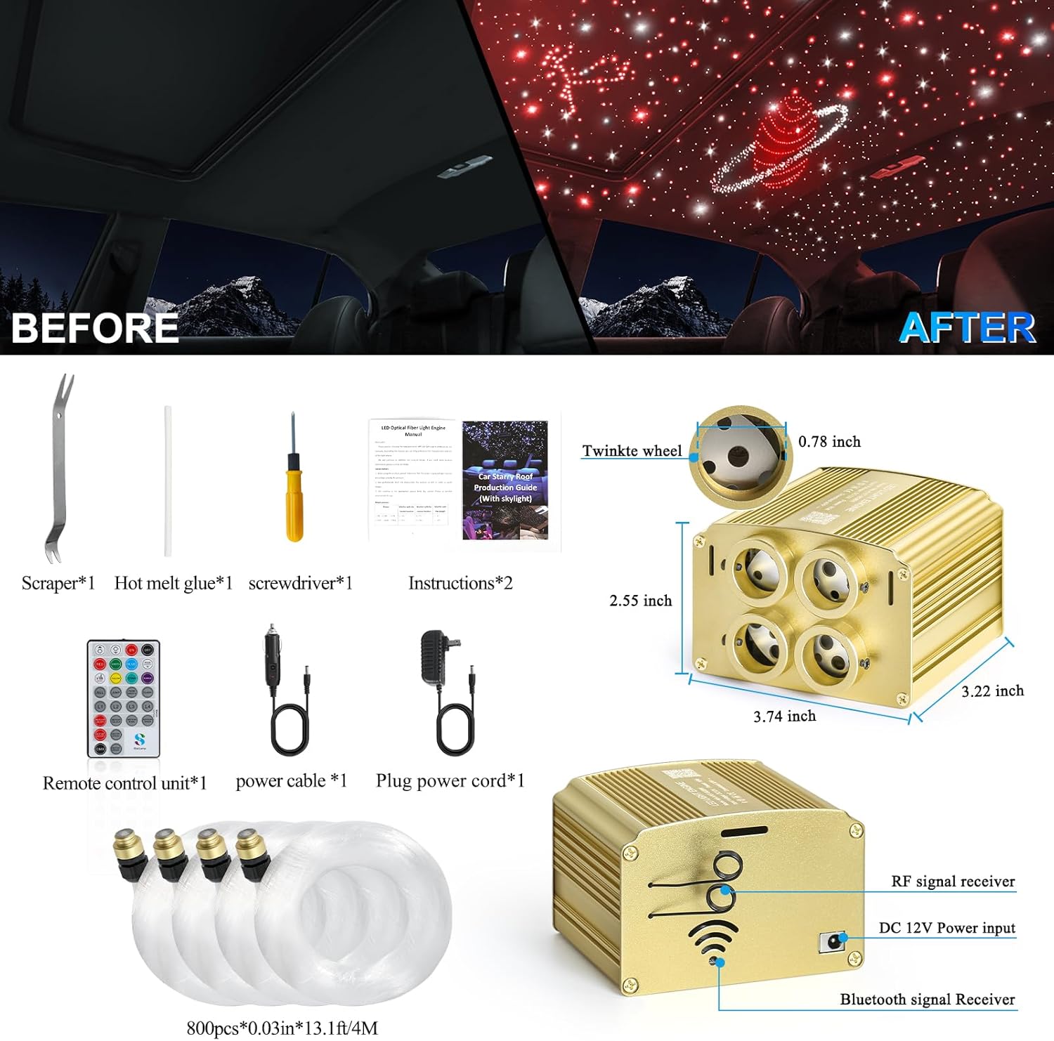 4 Colors 32W Twinkle Car Starlight Headliner Kit 800pcs*0.03in*13.1ft with APP&RF Remote, RGBW Fiber Optic Ceiling Star Lights, 4 Port Engine Sound Activated Star Roof Lights for Car Home Theater