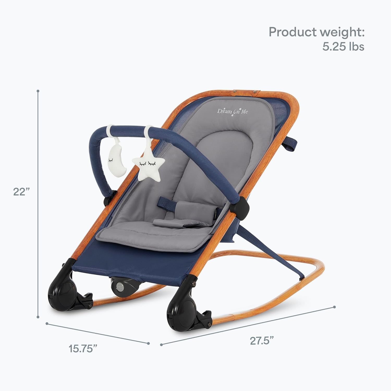 Dream On Me Rock On Me 2-in-1 Baby Rocker and Stationary Seat, Adjustable Recline, Gentle Music & Vibration, 3-Point Safety Harness, Detachable Toy Bar, Folds Compact for Travel – Blue