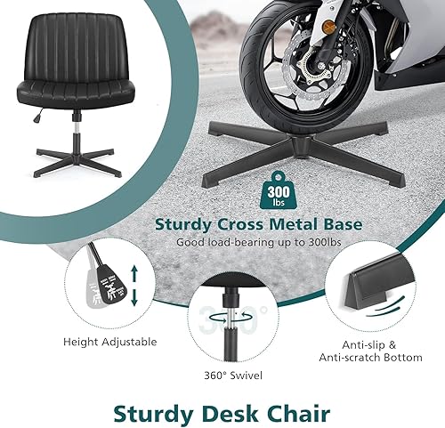 Vista 5 de OLIXIS Sillas de patas cruzadas, sin brazos, sin ruedas, asiento ancho, altura ajustable, giratorio, acolchado, de piel sintética, asiento de Negro