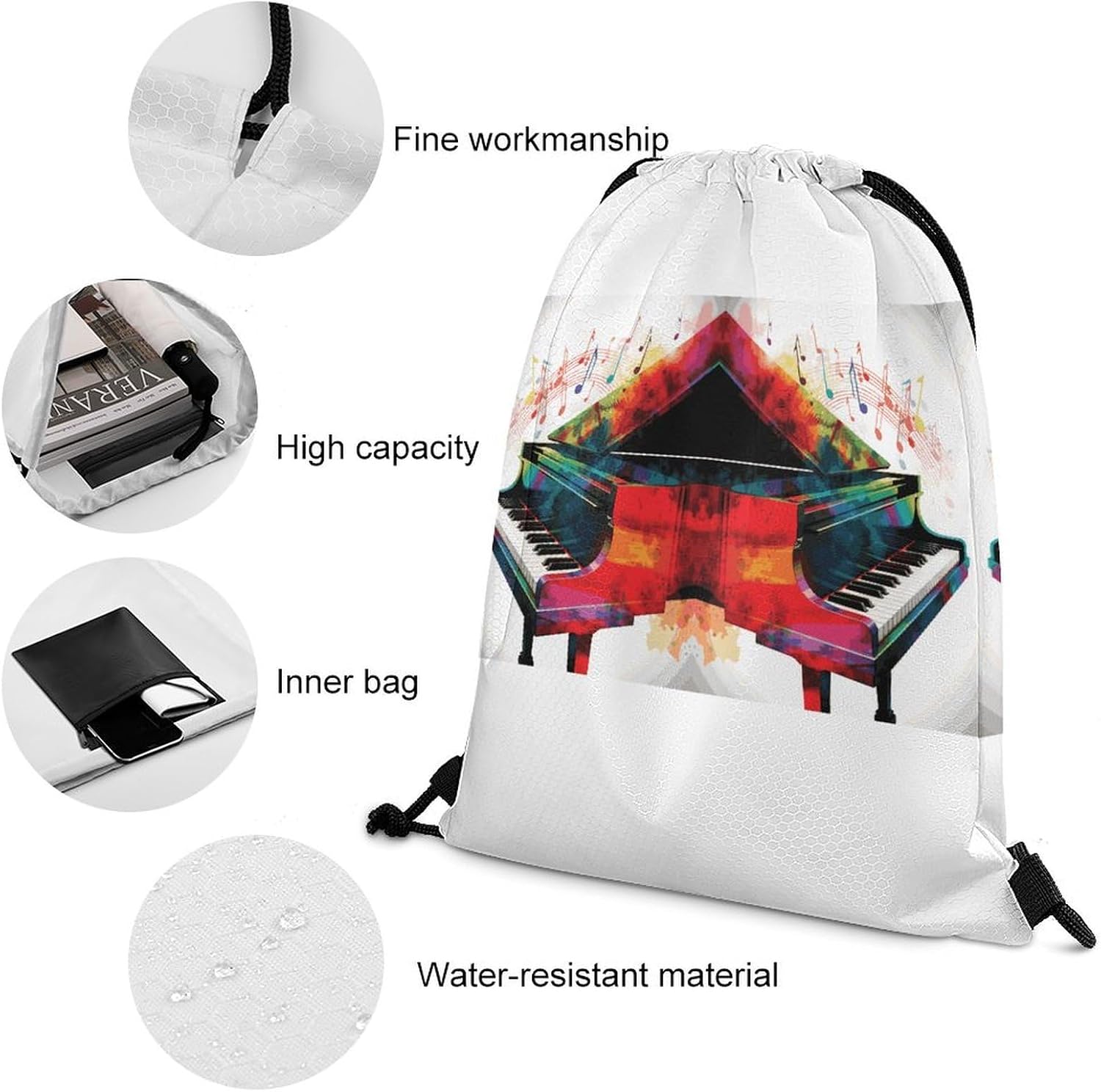 Colorful Piano Keyboard Music Drawstring Backpack Gym Bag Drawstring Bags image 4
