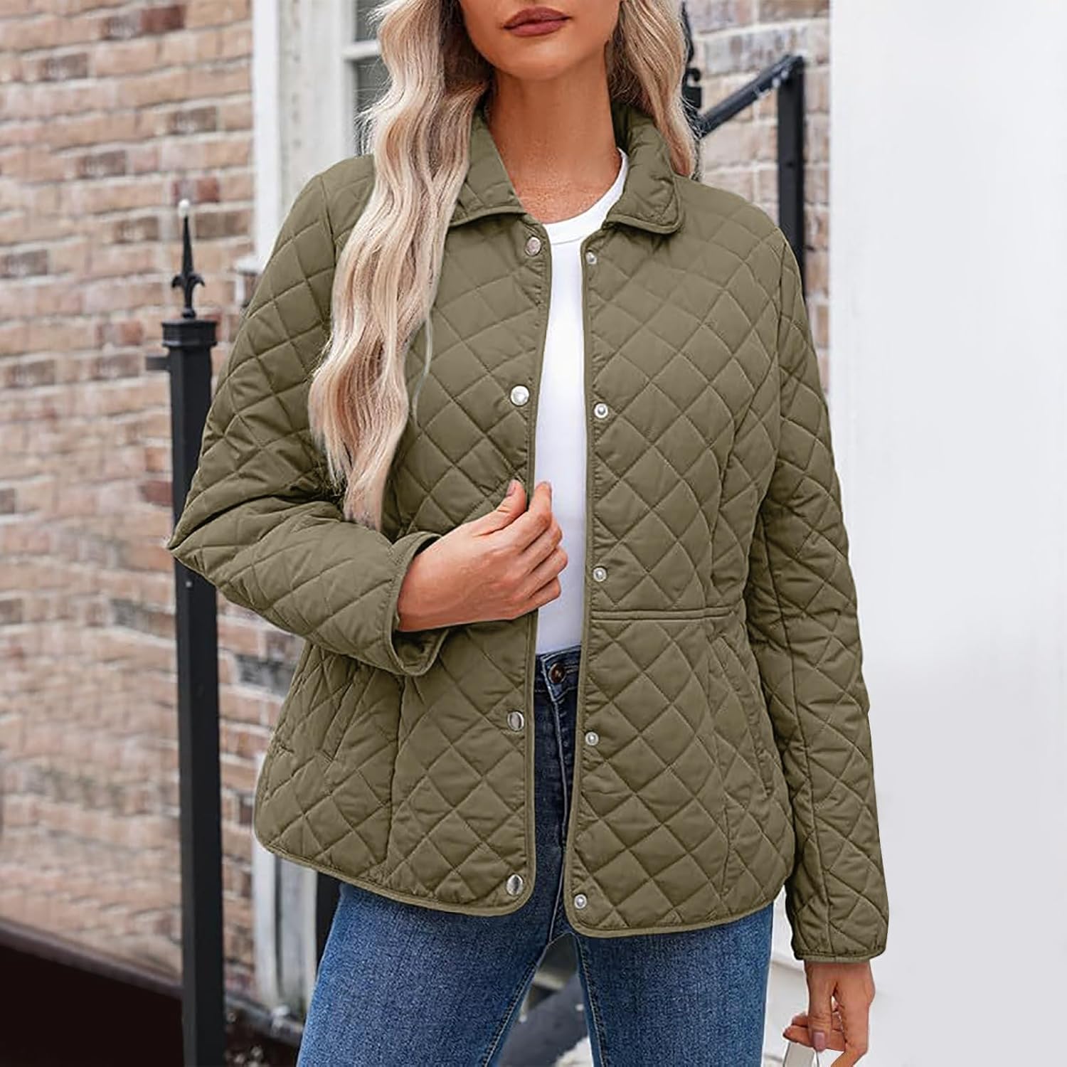 Winter Lightweight Jacket for Women Diamond Quilted Button Lapel Coat Jacket Ladies Casual Warm Padded Outerwear Coat
