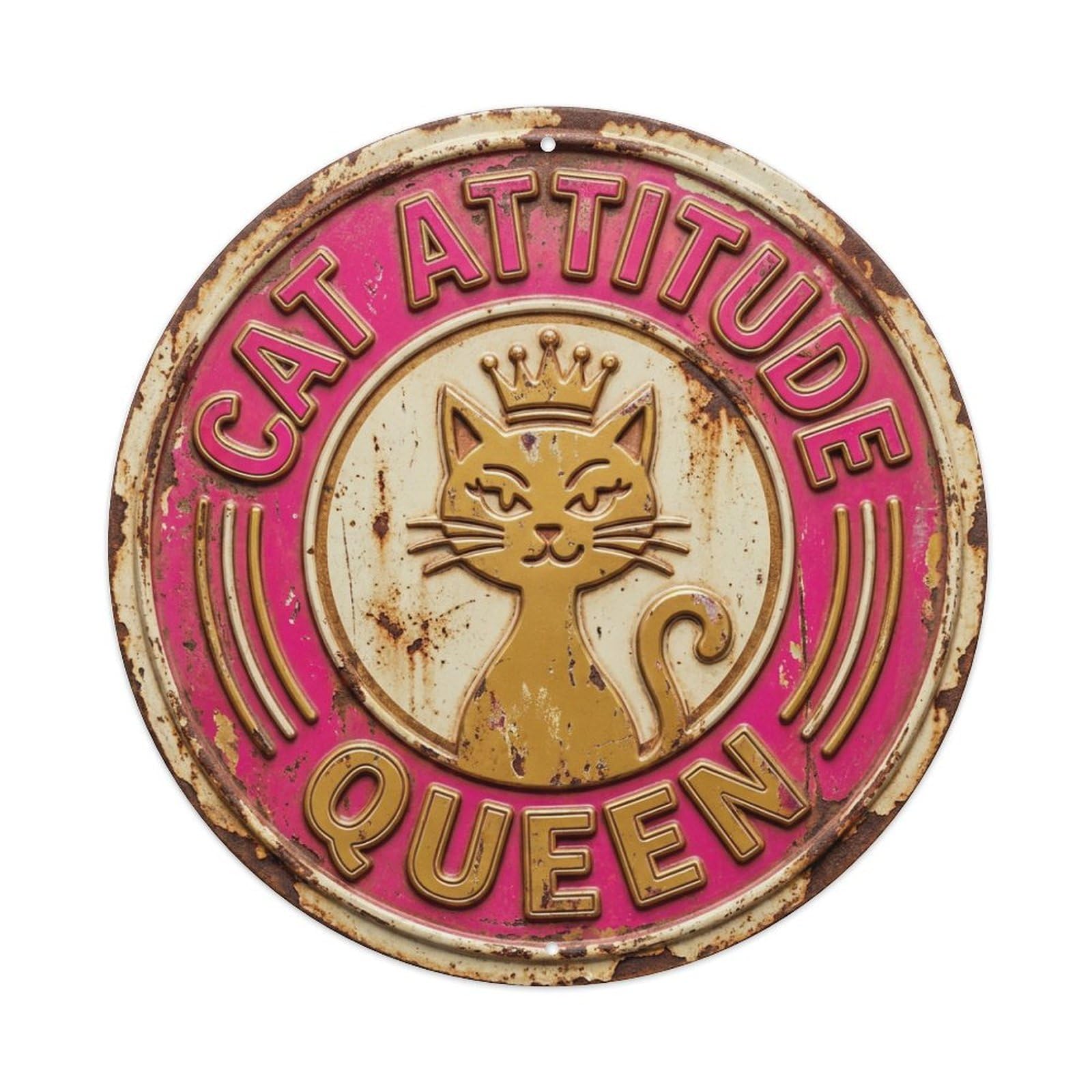 Cat Attitude Queen Meow 1 Metal Tin Sign Plaque Wall Decor for Cafe, Club Bar, Office, Home Garden Round Metal Poster 8x8Inch