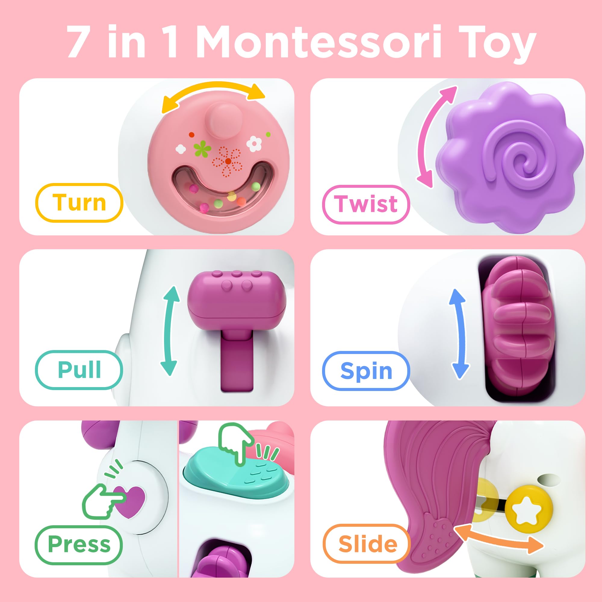 Cubo de actividades de unicornio para bebé, cubo ocupado Montessori, juguete Montessori para niños de 1 año, juguete de viaje para asiento de automóvil, juguete de viaje, desarrollo 3