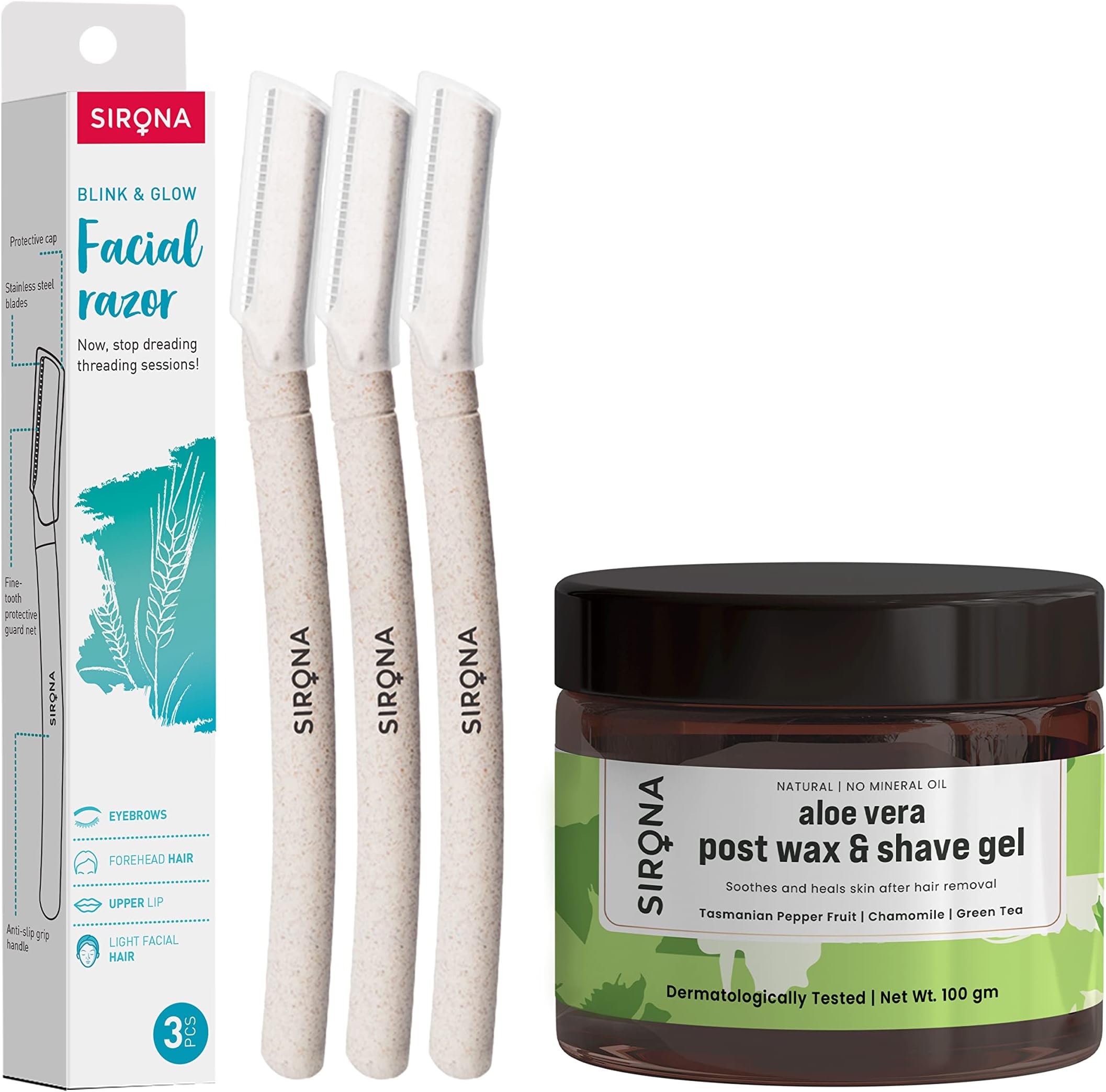 SironaFacial Hair Removal Pack for Women | Reusable Face Razor (3 Razors) with Post Wax & Shave Aloe Vera Gel - 100gm | Eyebrow Shaper, Upper Lip, Forehead, Peach Fuzz, Chin & Sideburns