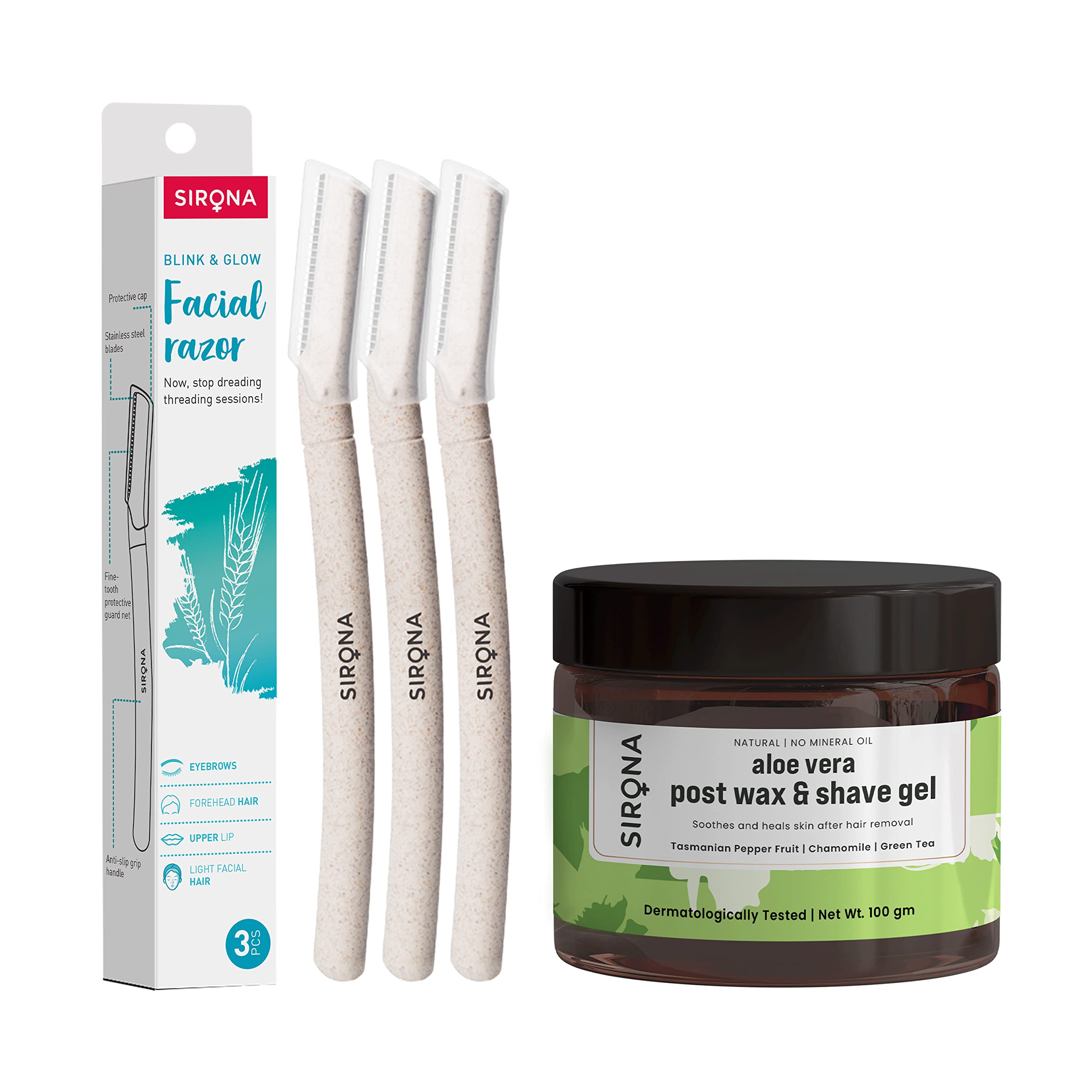 SironaFacial Hair Removal Pack for Women | Reusable Face Razor (3 Razors) with Post Wax & Shave Aloe Vera Gel - 100gm | Eyebrow Shaper, Upper Lip, Forehead, Peach Fuzz, Chin & Sideburns