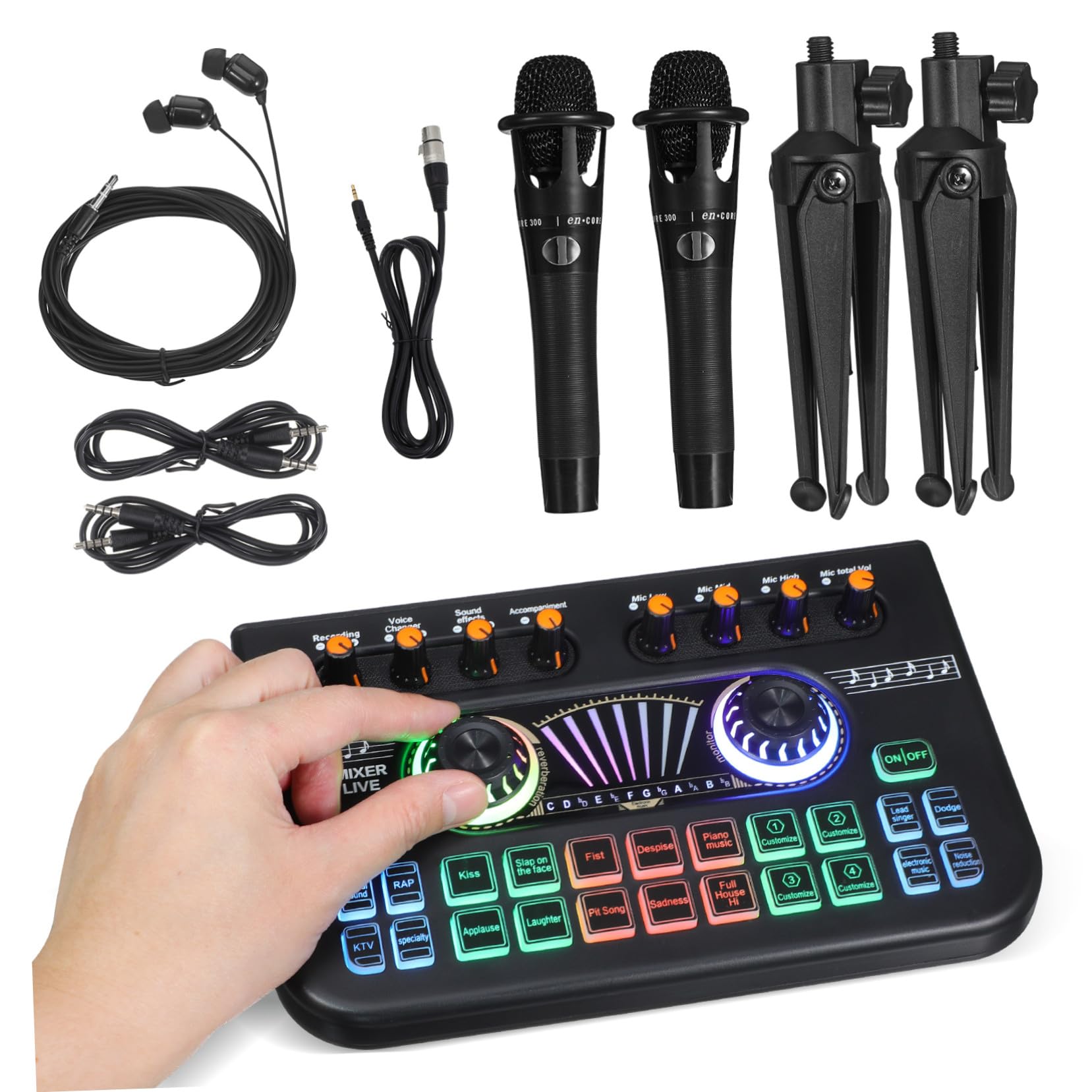 Aufnahme Soundkarte E300 Dual Mikrofon Satz für Podcast und Dj | Schwarzes Metall Kunststoff Satz, für Streaming und Live Setup, 1 Satz für Profis und Einsteiger
