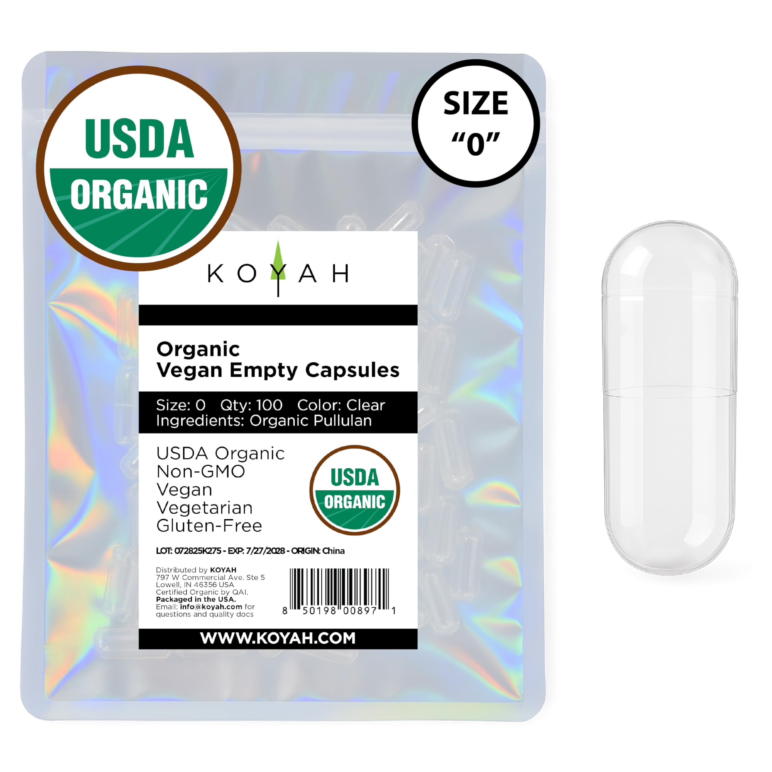 KOYAH - Certified Organic Empty Pullulan Capsules: Size 0, Vegan, Gluten-Free, Non-GMO, Allergen Free – Ideal for DIY Supplements (100 Count)