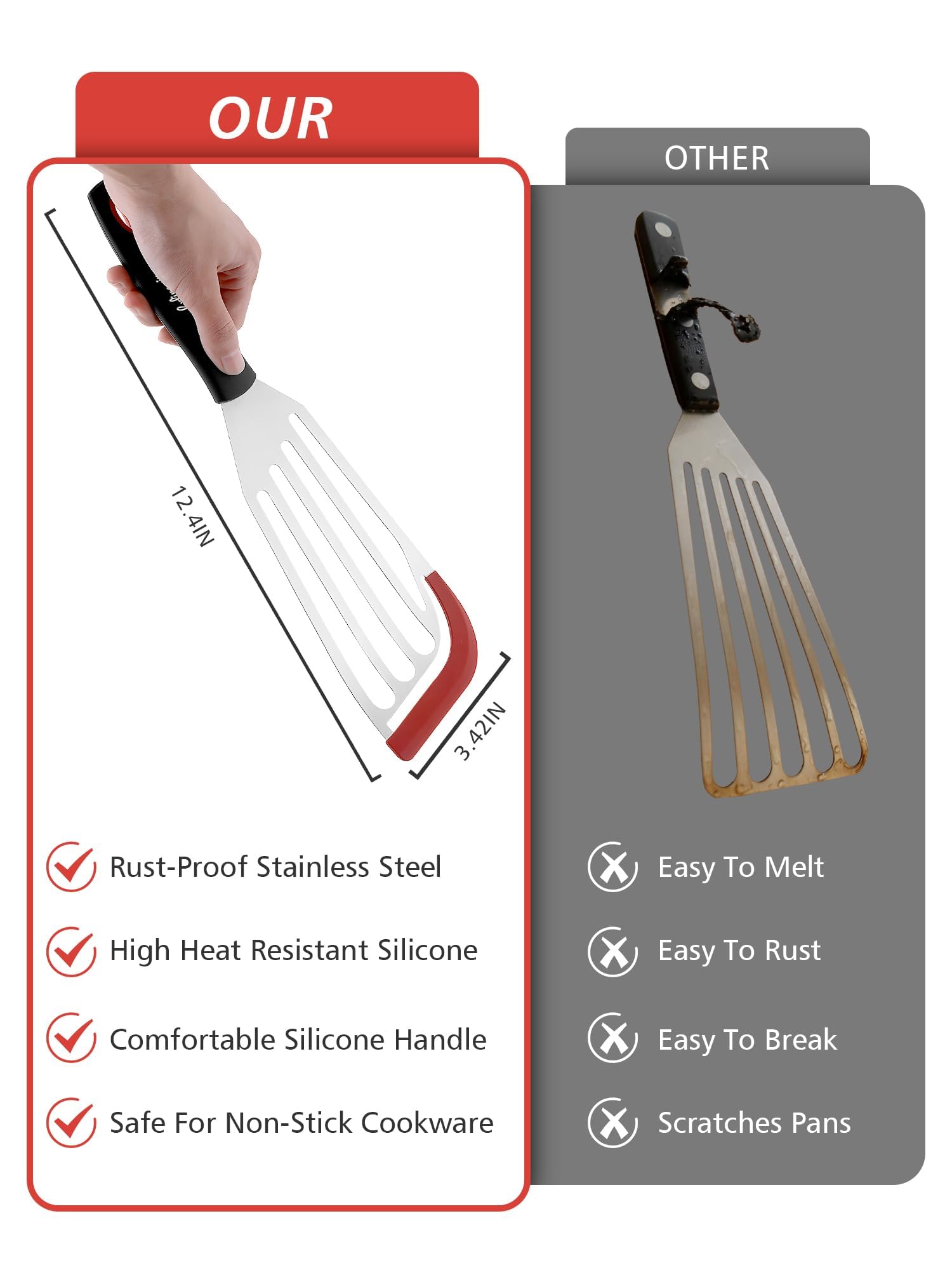 LX - Espátula de acero inoxidable para barbacoa, espátula de pescado, espátula de pescado, aleta de pescado, ideal para asar y hacer tortillas