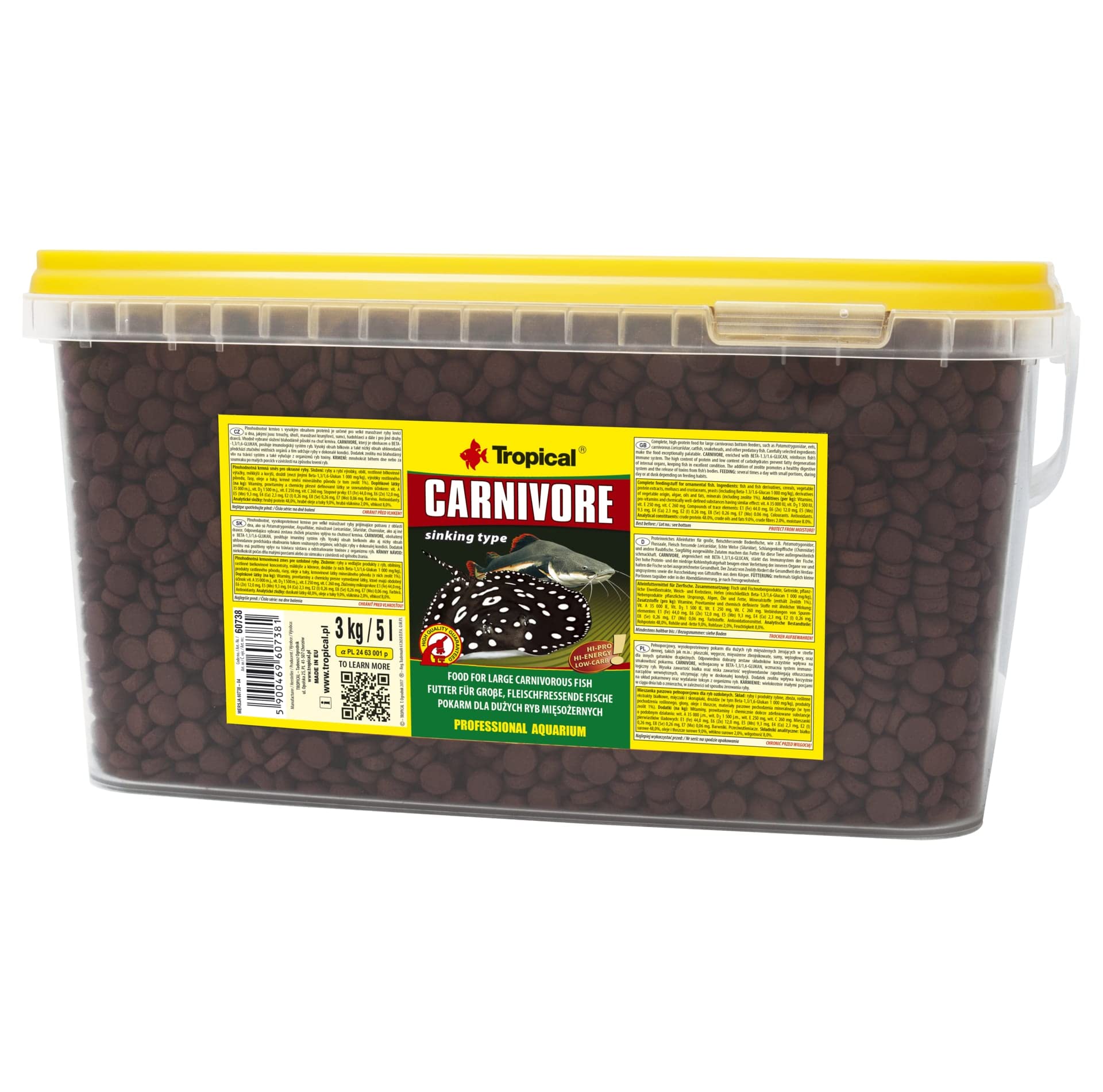 Tropical Carnivore – Forro para Grandes, Fleischfressende Peces (Raya, Depredadores welse), (1 x 5 l) Comida para Mascotas, Natural, 5 L (1er Pack), 5000