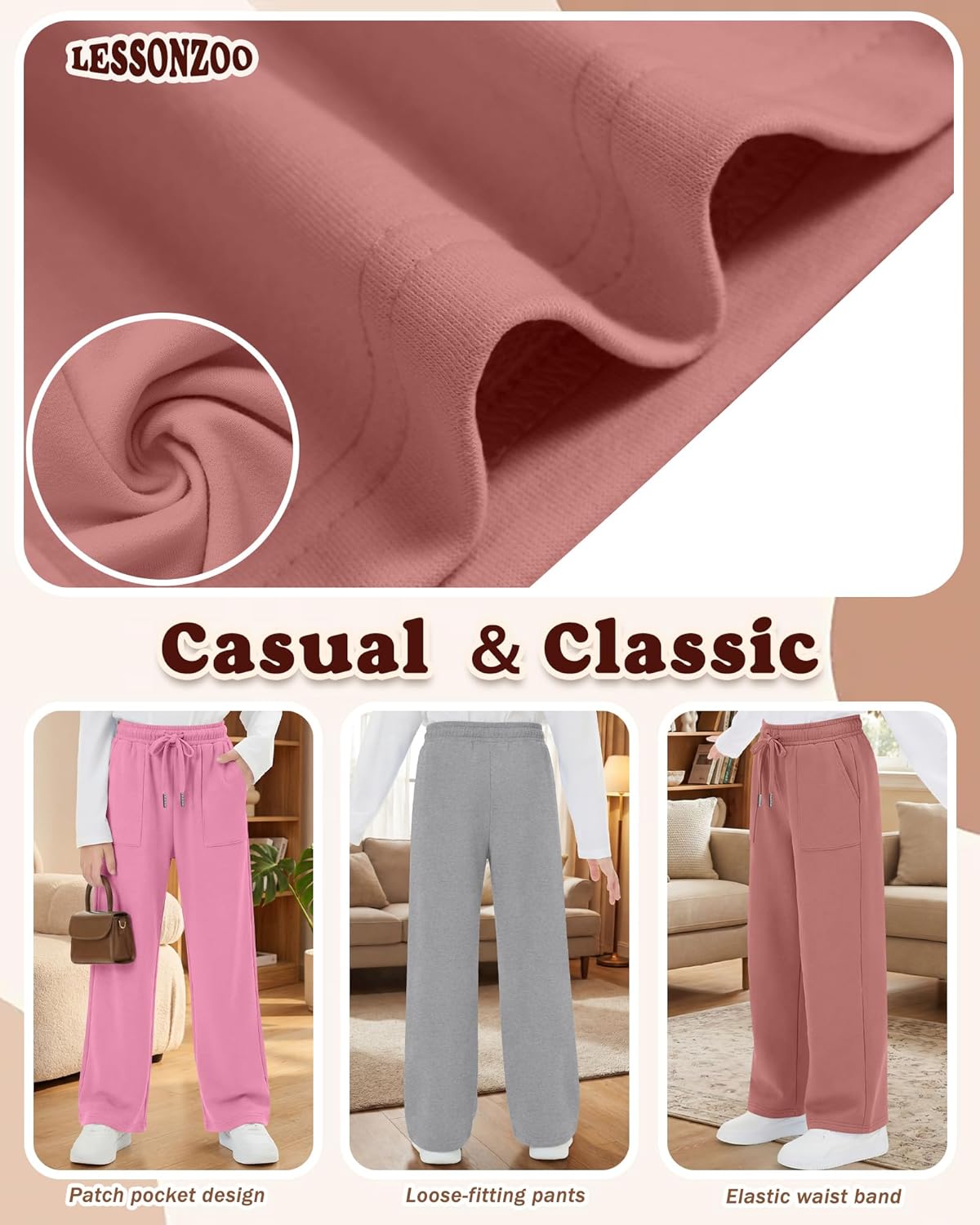 4 Pack Girls' Straight Leg Sweatpants, Kids Drawstring Casual Joggers Teen Loose Open Bottom Pants with Pockets - Image 3
