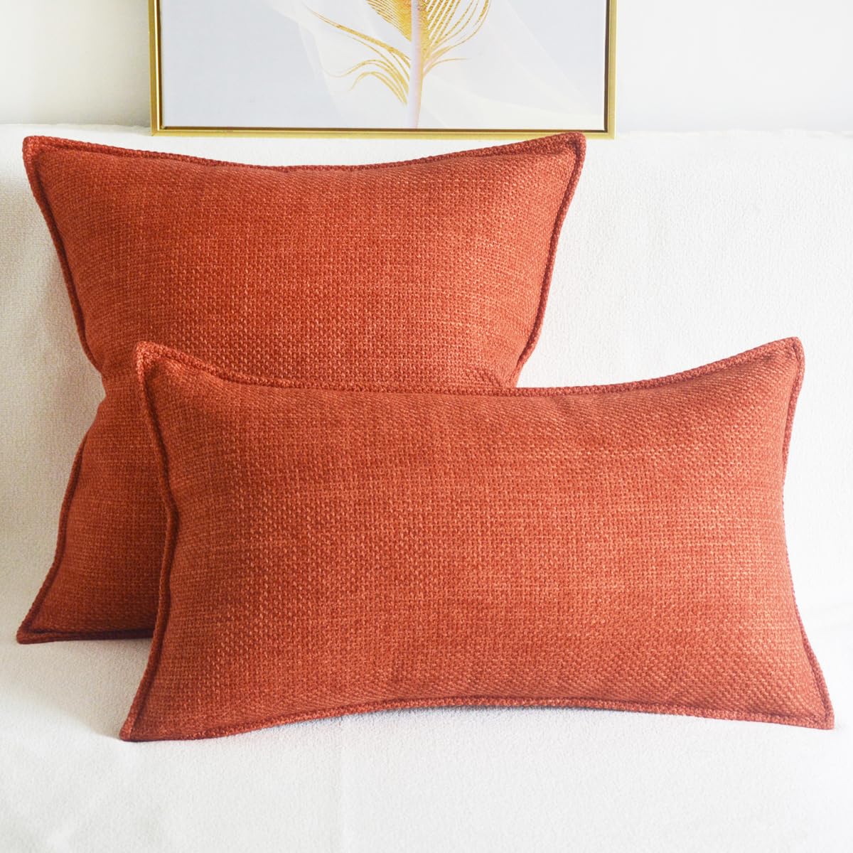 Lutanky Linen Cushion Covers 30 x 50 cm Orange-red Elegant Rectangle Throw Pillow Covers (Pack of 2) for Sofa Bedroom Oblong Piped Pillowcases with Invisible Zipper 12x20 Inch - Image 3
