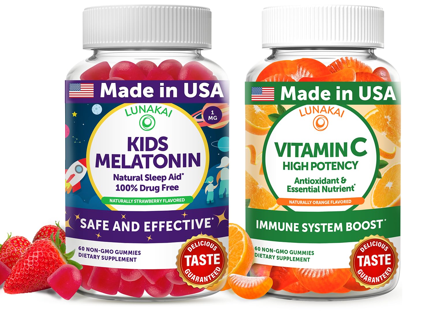 Lunakai USA Made Kids Melatonin & Vitamin C Gummies Bundle – Natural Sleep Aid & Immune Support – 60 Non-GMO Gummies Each