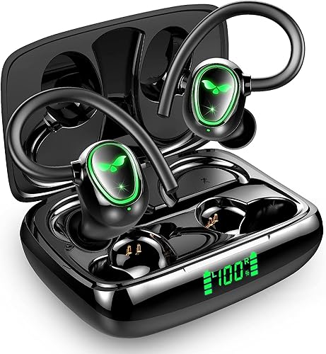 Auriculares inalámbricos Bluetooth de reproducción de 60 horas IPX6, impermeables, estéreo, graves sobre la oreja, con ganchos para los oídos,