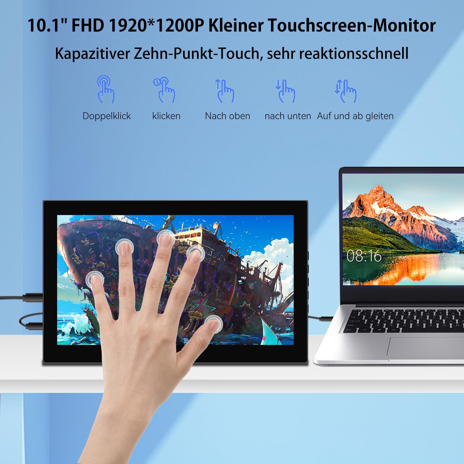 Portable Monitor Touchscreen, 10,1 Zoll Tragbarer Monitor Touchscreen Full HD 1920x1200 IPS Bildschirm, HDMI USBC Externer Bildschirm für PC Laptop Computer PS4 PS5 Xbox Ras Pi