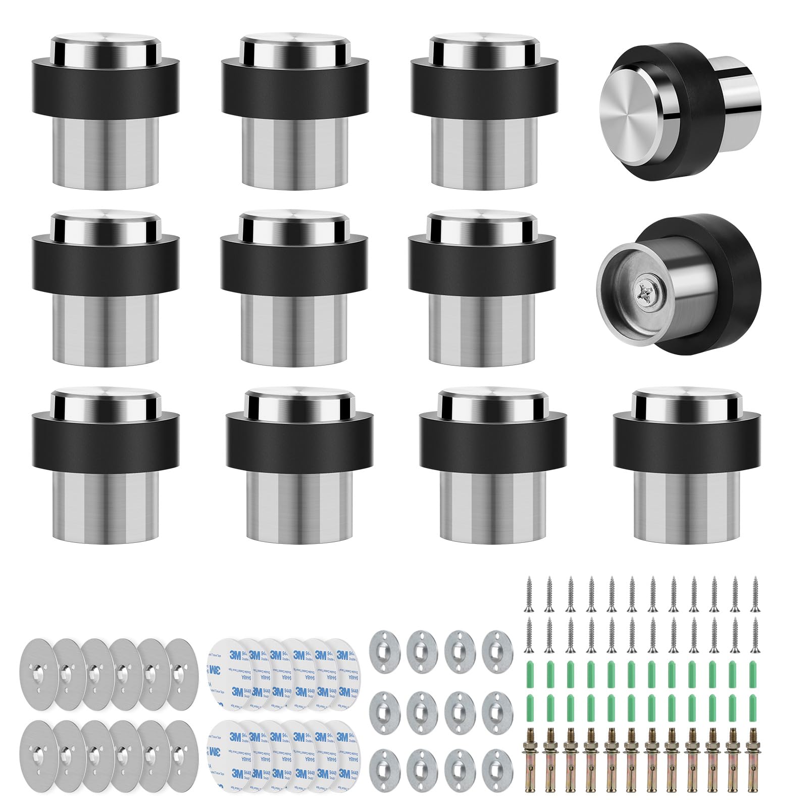 SWAWIS 12 Piezas Tope de Puerta para Suelo ø 32mm Altura 45 mm, Tope de Puerta para Suelo Adhesivo Acero Inoxidable con Tornillos y Tira Adhesiva 3M, 3 Métodos de Instalación