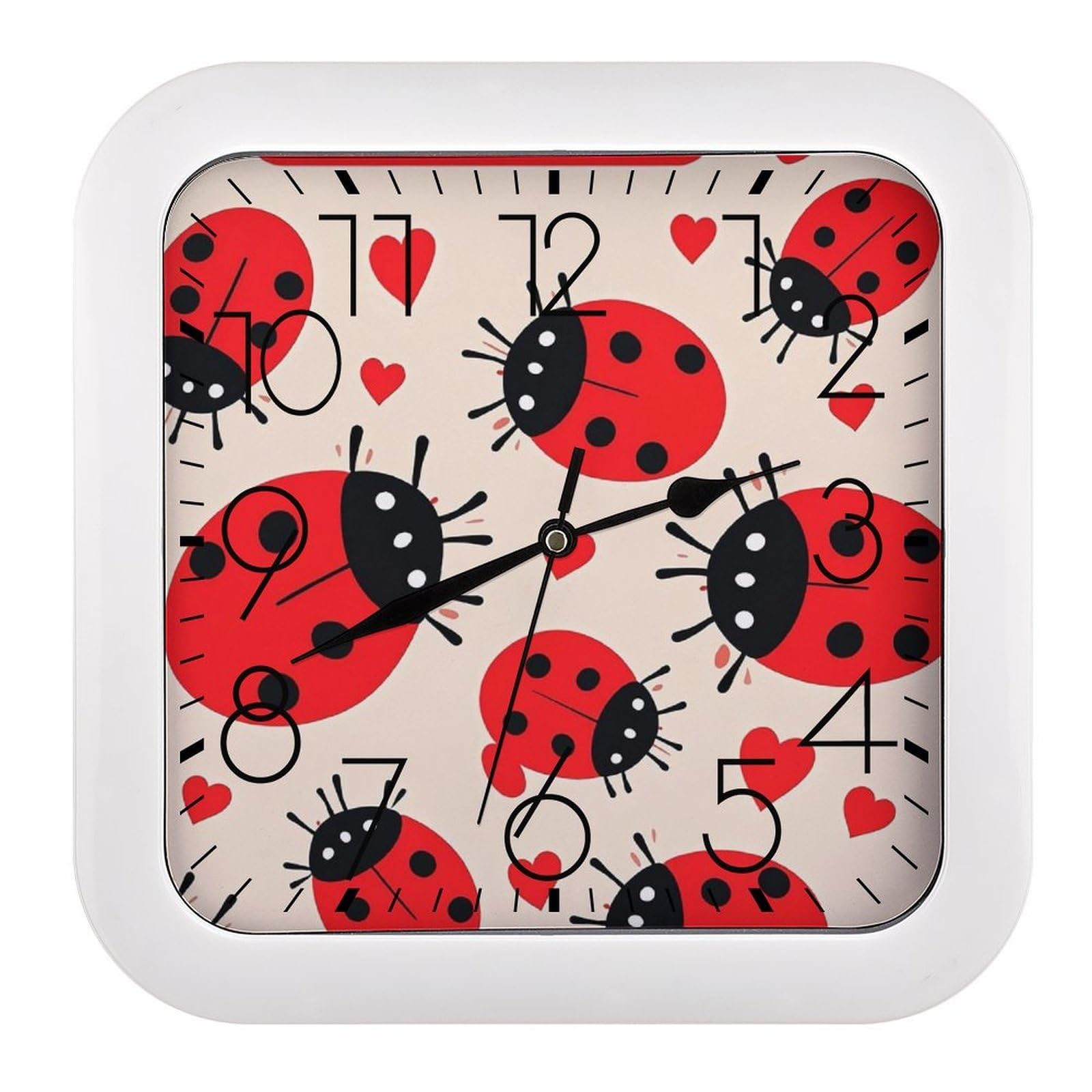 FekiLoot Ladybug Wall Clock Battery Operated Square Decorative Wall Clocks Silent Non Ticking Analog Clock Modern Retro Vintage Wall Clocks for Kitchen Living Room Office 10.2 Inch