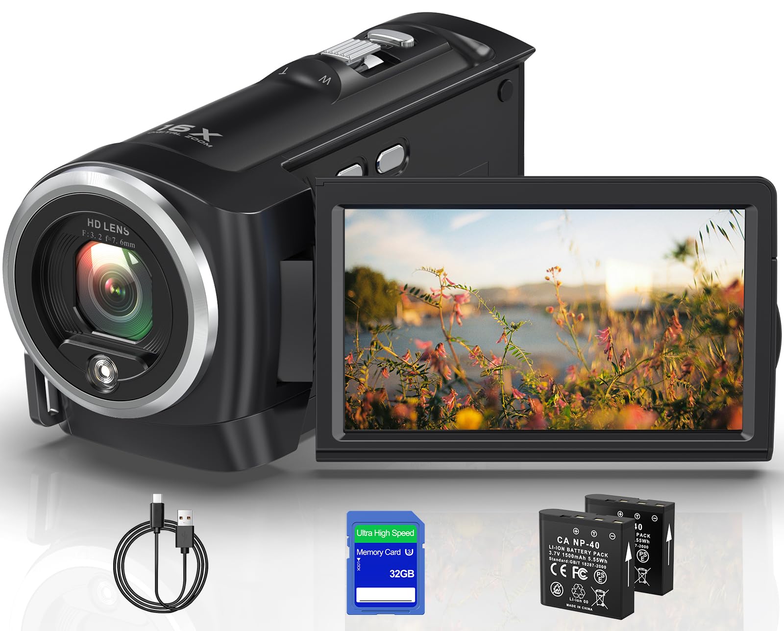 VENOPTIX 2.7K Video Camera Camcorder 16X Digital Zoom QHD 50MP YouTube Vlogging Camera Webcam 270 Degree Rotation Screen Camcorders with 32G SD Card