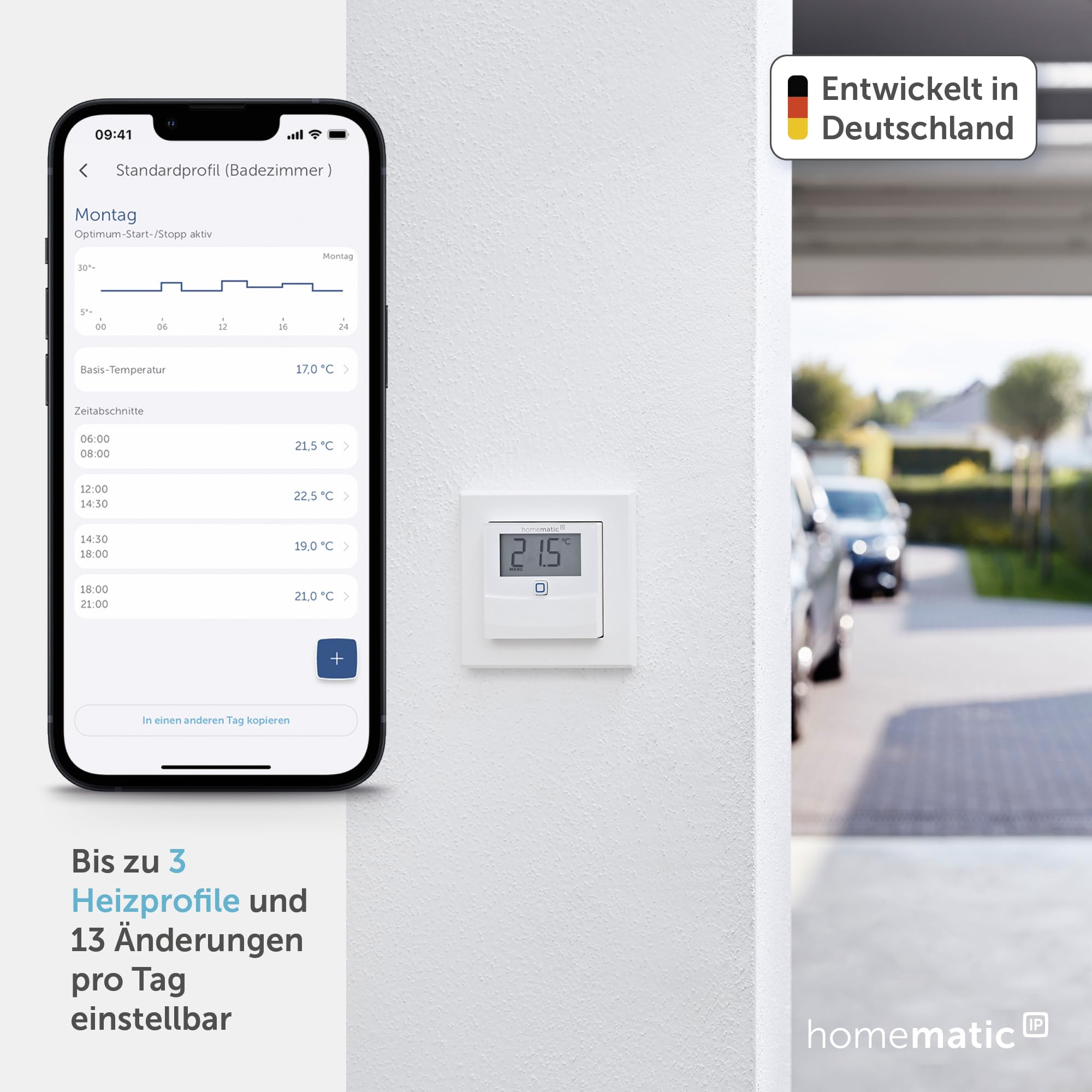 Homematic IP Temperatur- und Luftfeuchtigkeitssensor mit Display – innen, Smart Home, steuert Heizkörper/Fußbodenheizung per App, Alexa, Google Home, Temperaturmessung, Energie sparen, 150180A0