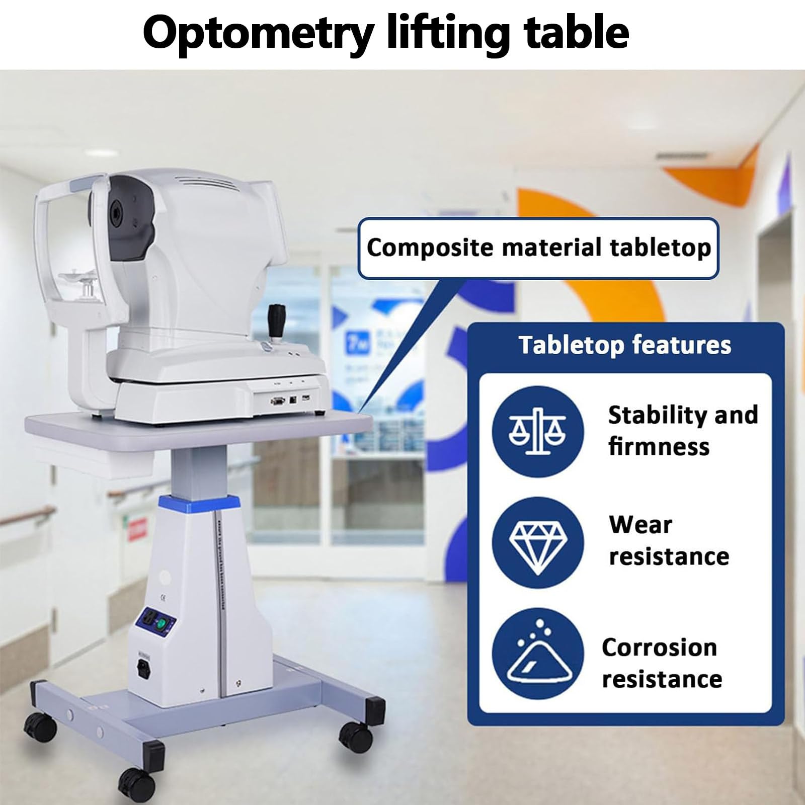 Stół optometrystyczny z napędem elektrycznym, biurko na instrumenty okulistyczne z szufladą, regulowana wysokość od 65 do 82 cm, nośność 75 kg, do gabinetów optometrycznych Black