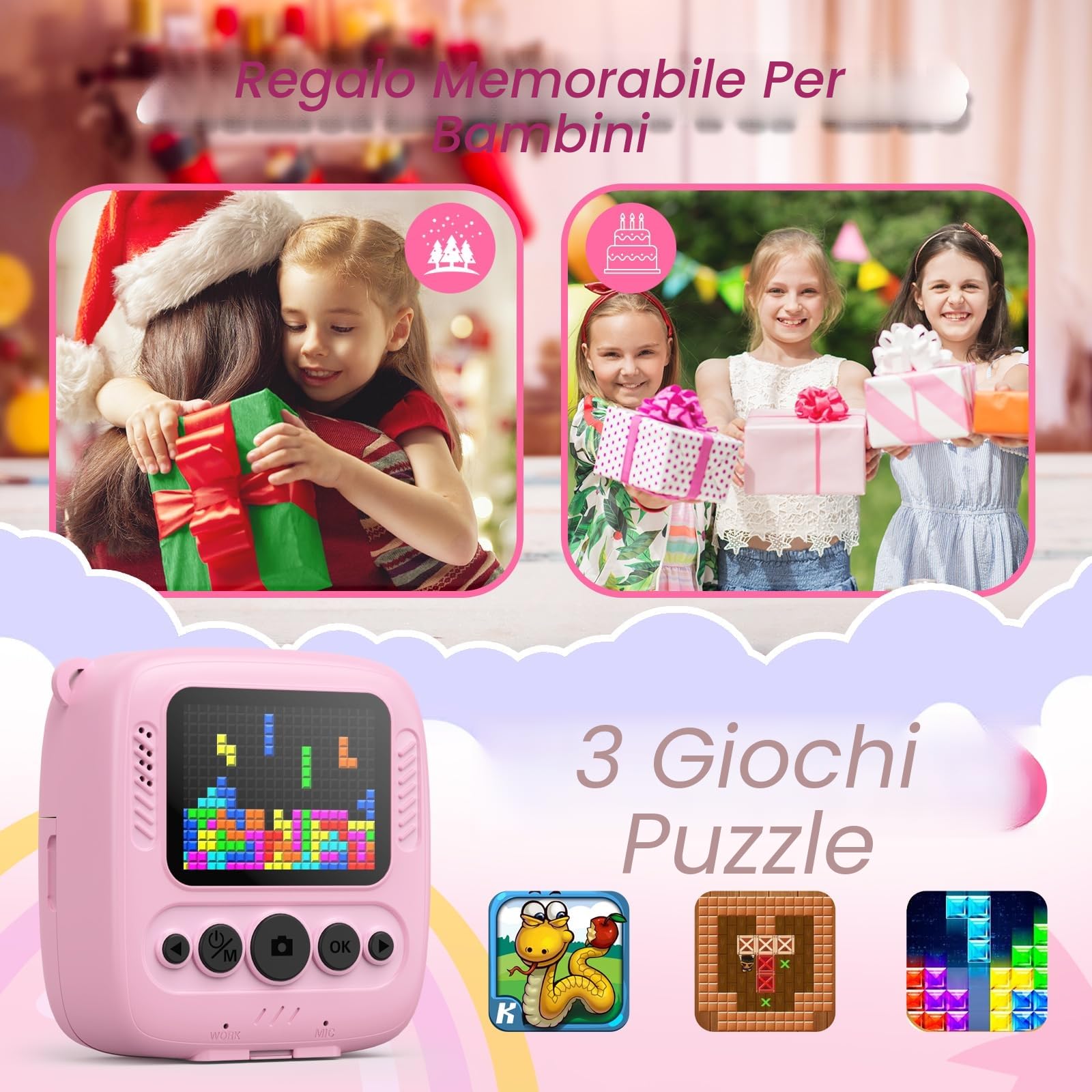 CalineGam Macchina Fotografica Bambini Istantanea, 2.0 Pollici Fotocamera Digitale Bambini con 32GB Scheda e Carta Fotografica, Regali di Natale Compleanno per 4 5 6 7 8 9 10 Ragazze Ragazzi (Rosa)
