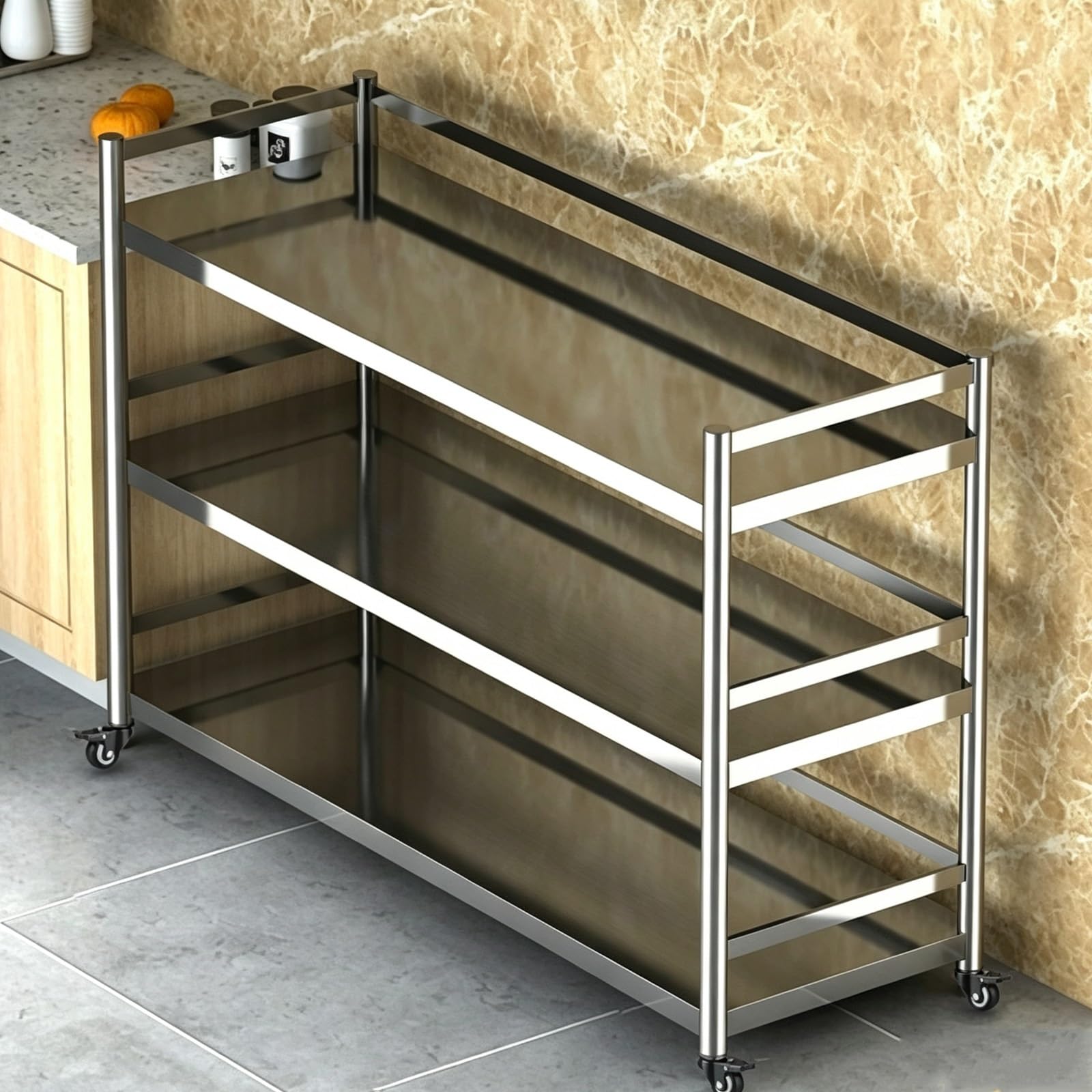Scaffale mobile della cucina dell'acciaio inossidabile, tavolo della preparazione con le guardrail