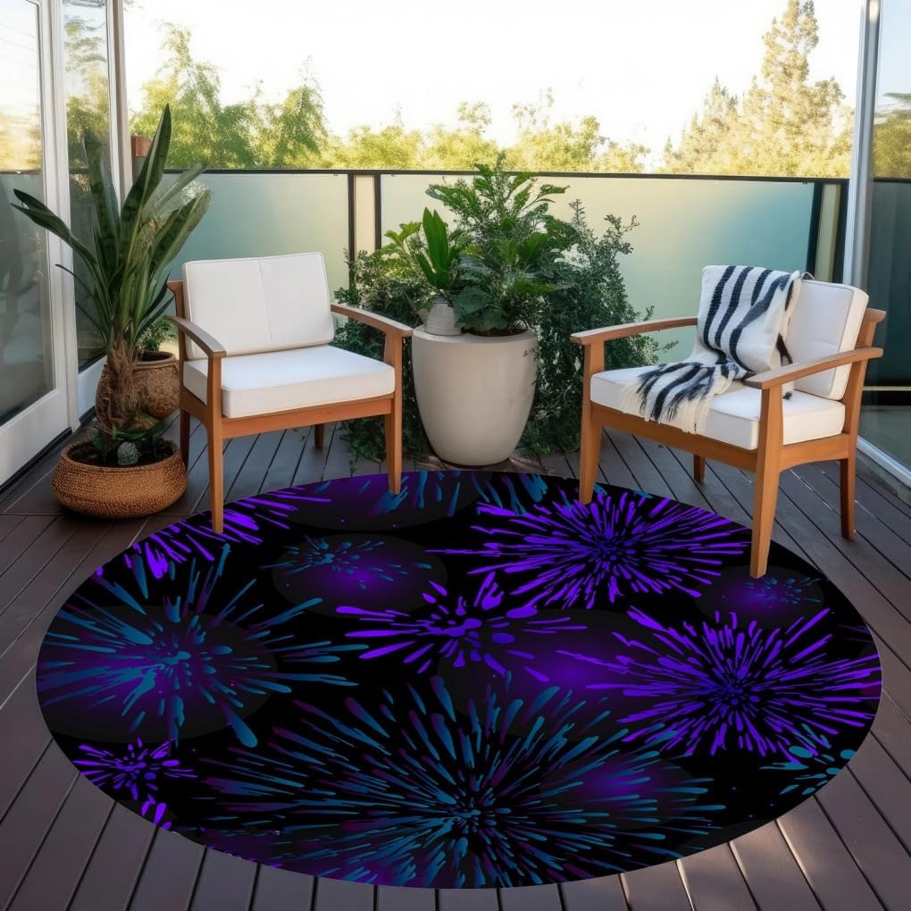 Modern Abstract Floral Black Purple Round Indoor Outdoor