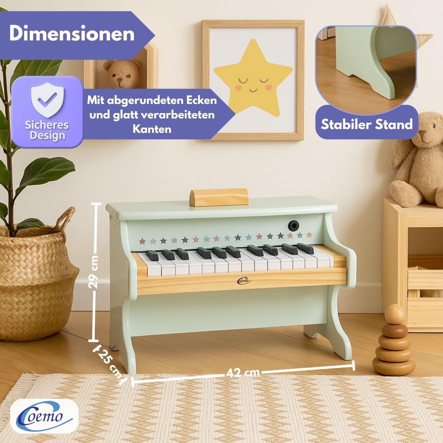 Coemo Kinder-Klavier, 42x25x29 cm, 25 Tasten Piano für Kinder, Mädchen | Musik Lerninstrument Spielzeug, Motorikspielzeug, Holzklavier für Kleinkinder, Jungen Klavier, Zwei Varianten, saubere Töne