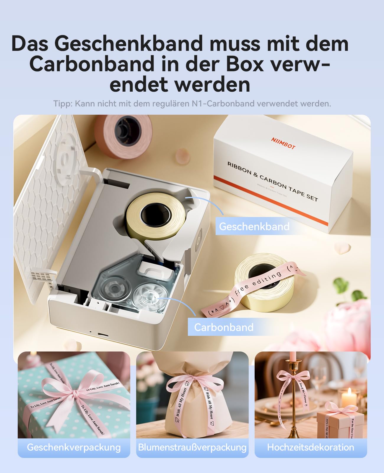 NIIMBOT N1 Etikettendrucker, B18 Upgrade Selbstklebendes Etikettiergerät Beschriftungsgerät, Tragbarer Thermotransfer Label Printer Farbdruck Etiketten nterstützt das Drucken von Geschenkbändern