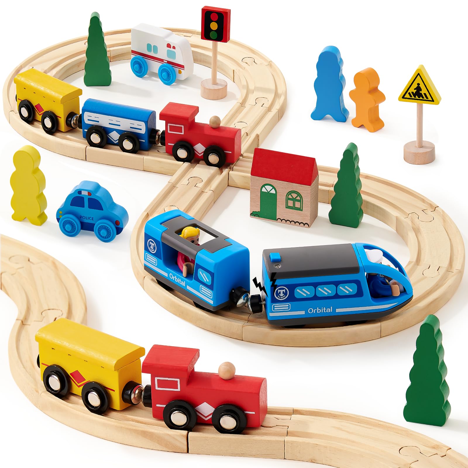 Atoylink Wooden Train Set, Wooden Train Track with Electric Locomotive Magnetic Connection Train Rails Kids Play Vehicles Gifts Electric Train Sets for Kids Boys 3 4 5 6 Years Old