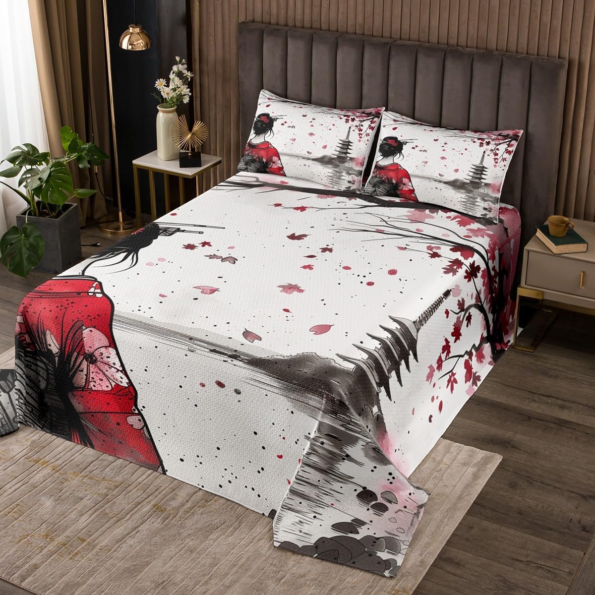 Erosebridal Japanese Bedspread Set Ukiyo Style Queen Quilt Set Geisha Cherry Blossom Coverlet Set,Japan Ink Pattern Bedding Set,for Kids Boys Girls Teens