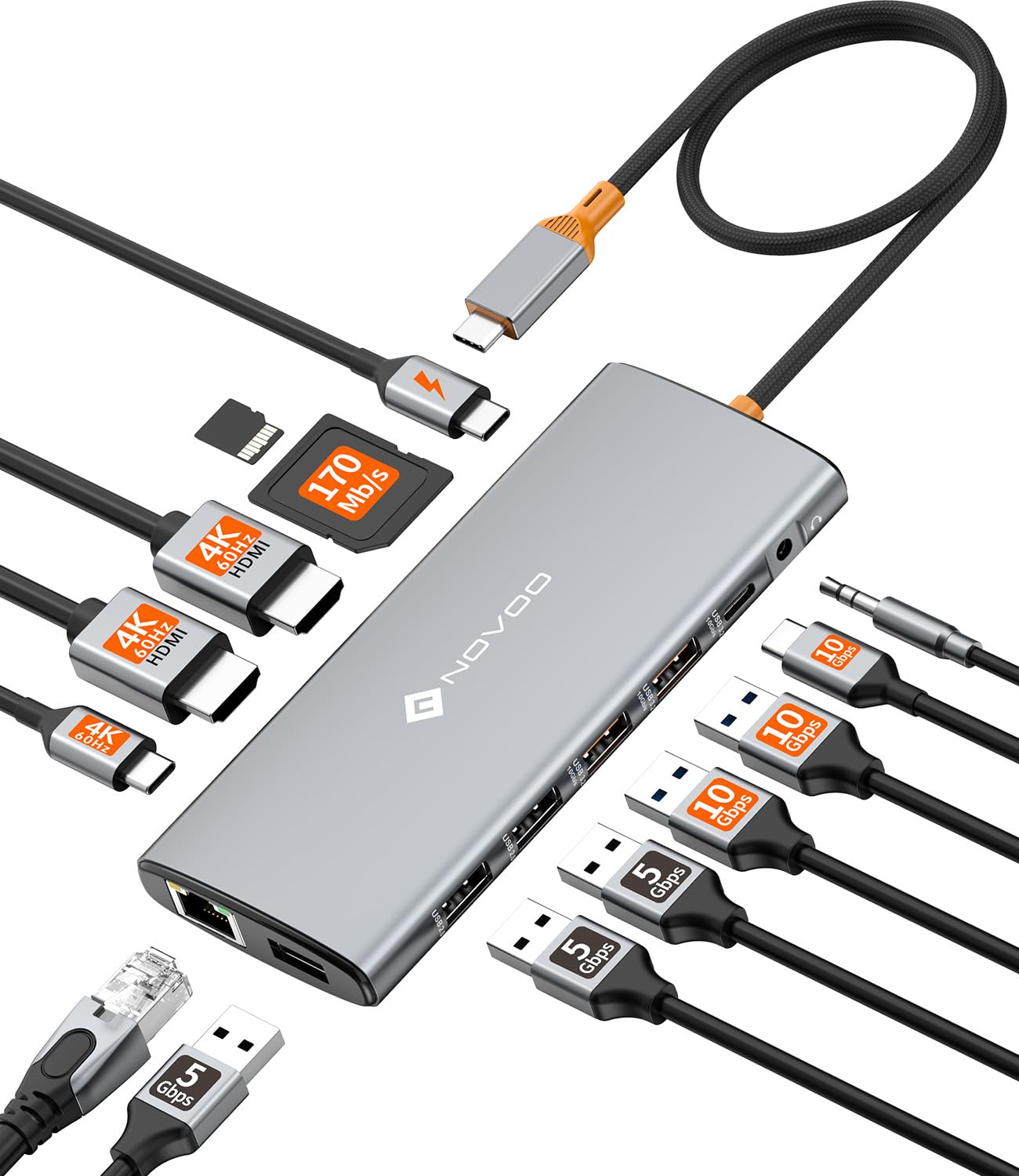NOVOO Docking Station USB C 14 in 1 Triplo Display, 2 HDMI e USB-C Video 4K@60Hz, PD 100W, USB 10Gbps, Ethernet Gigabit