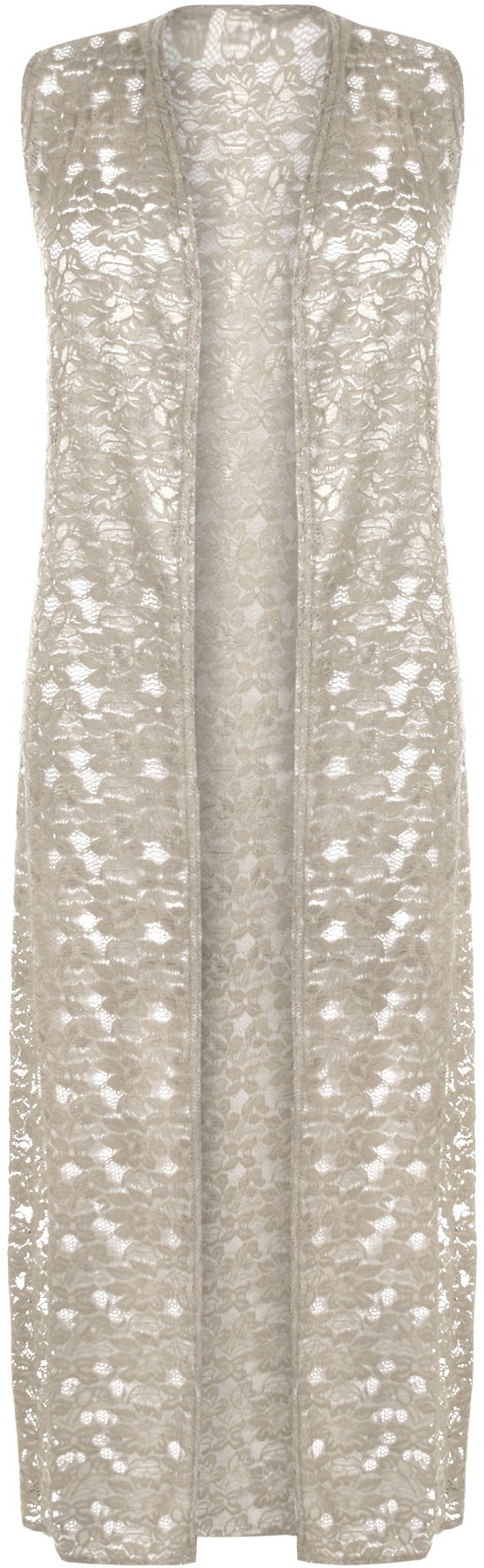 WearAll Women's Plus Size Floral Lace Open Long Sleeveless Top Cardigan - Stone - 18